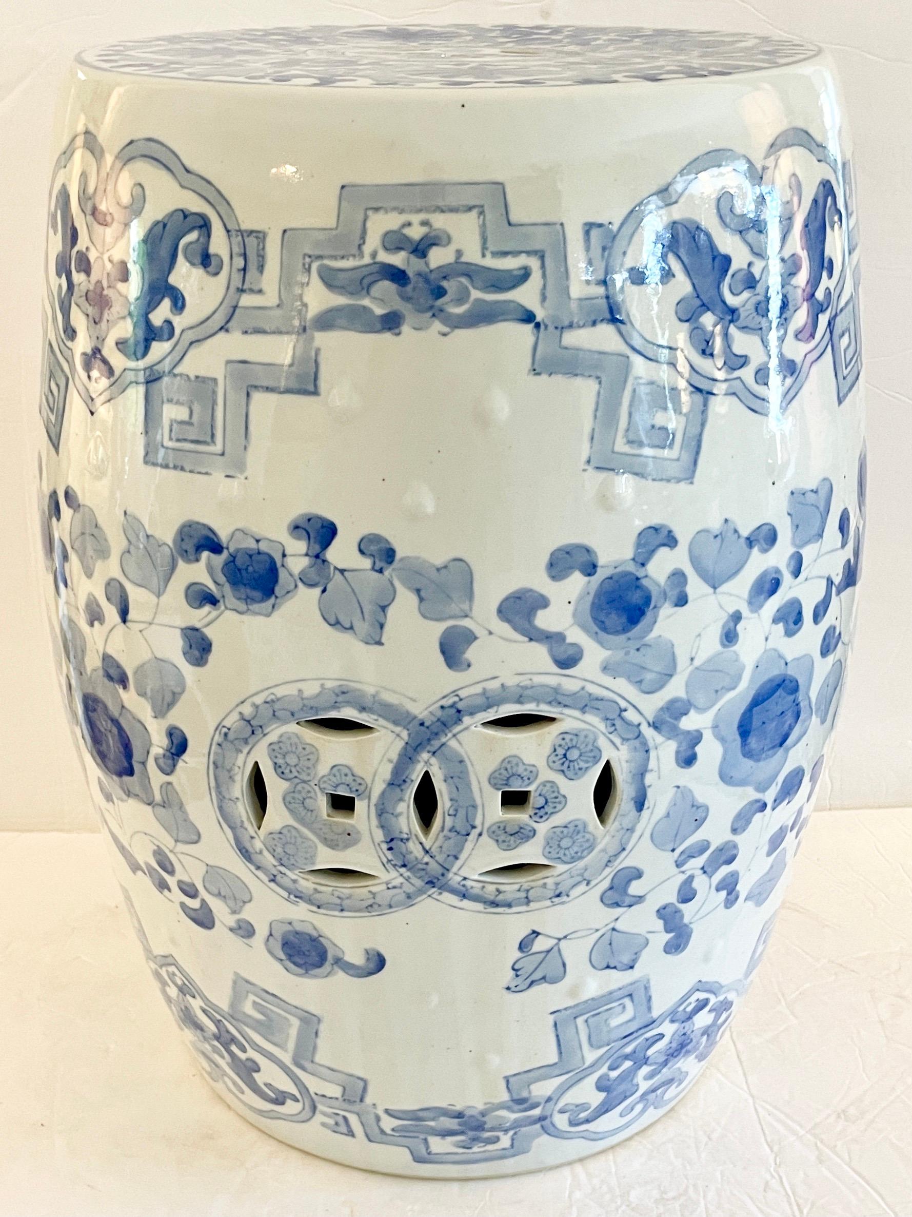 Mid-20th Century Beautiful Blue and White Ceramic Garden Seat with Drawings, Great Addition to Yo For Sale
