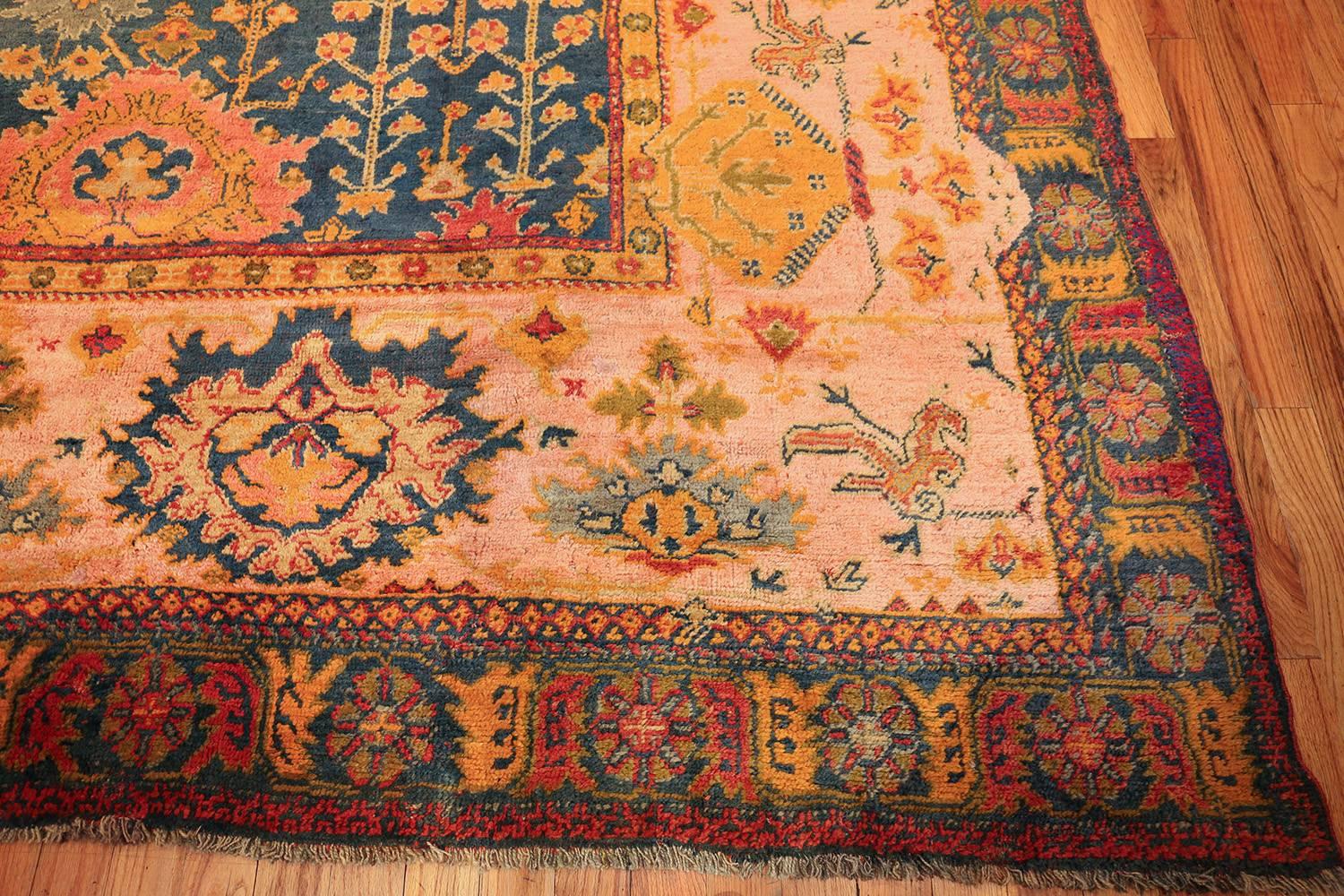 Wool Beautiful Blue Background Antique Turkish Oushak Rug. Size: 14 ft 3 in x 19 ft 