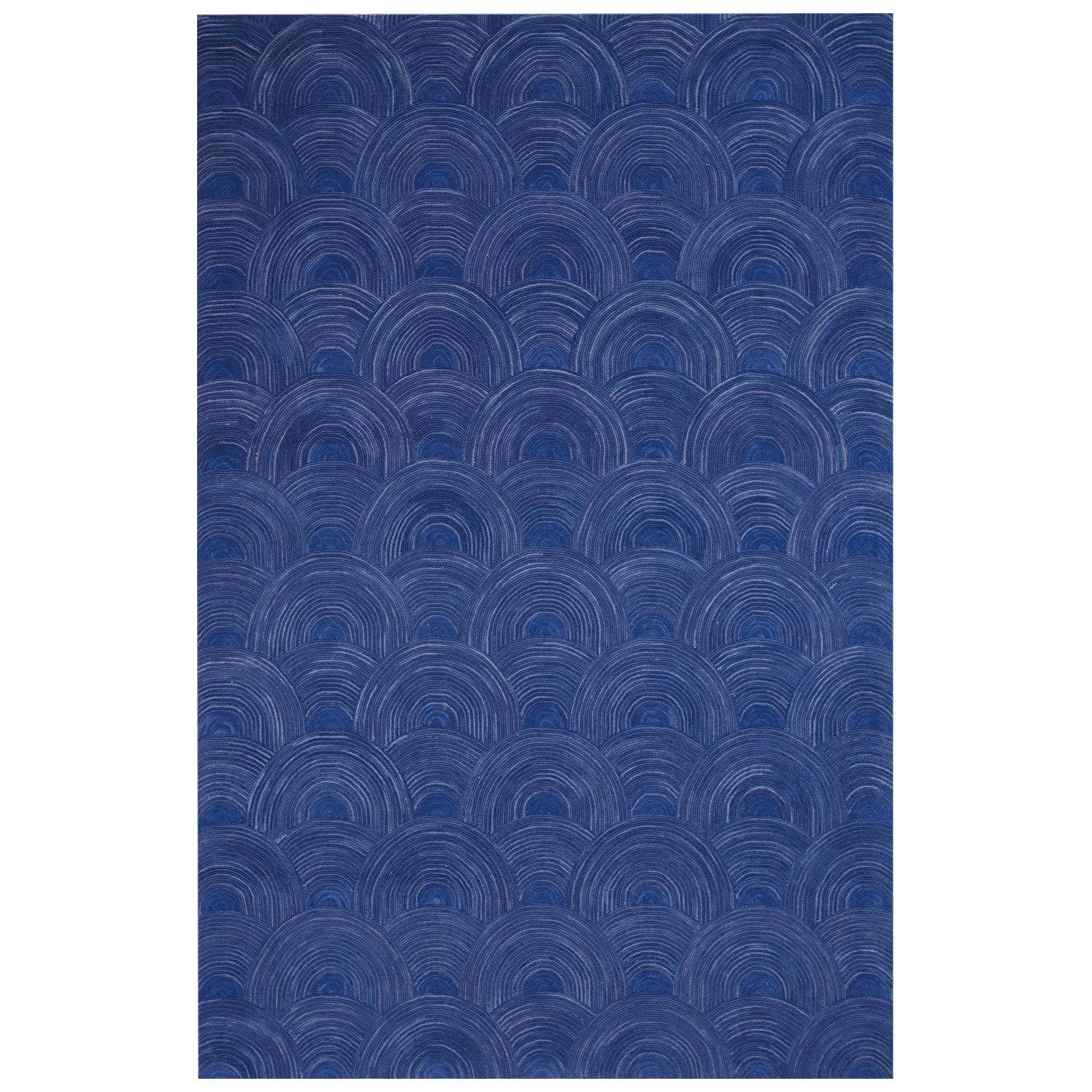 Bellissimo tappeto blu con nuvole e motivo geometrico, in stile americano contemporaneo.