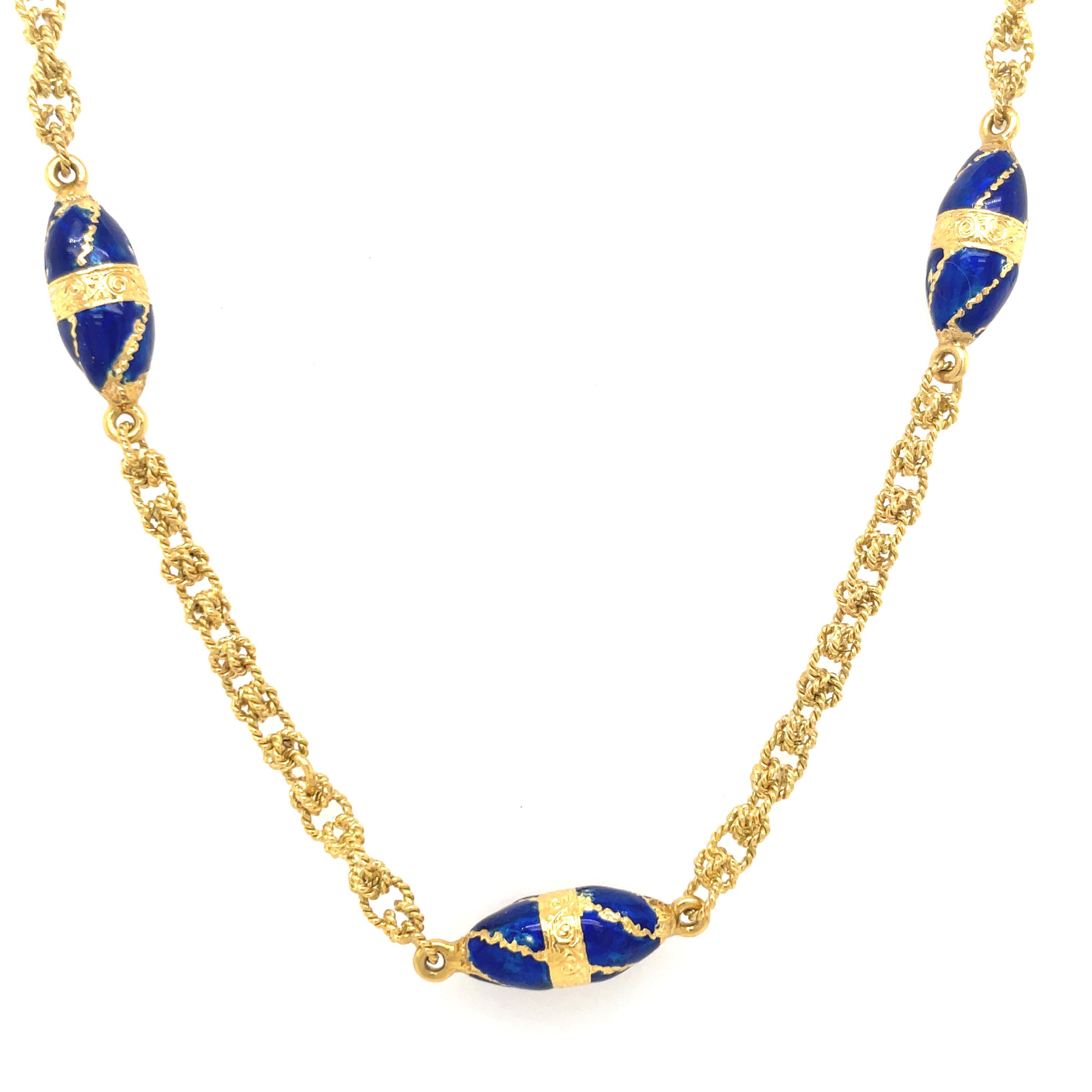 Absolute gorgeous one-of-a-kind chain. Heavy gauge 18K yellow gold.  Intricate, well-detailed openwork chain.  Set with twelve brilliant cobalt blue stations.  34 1/2