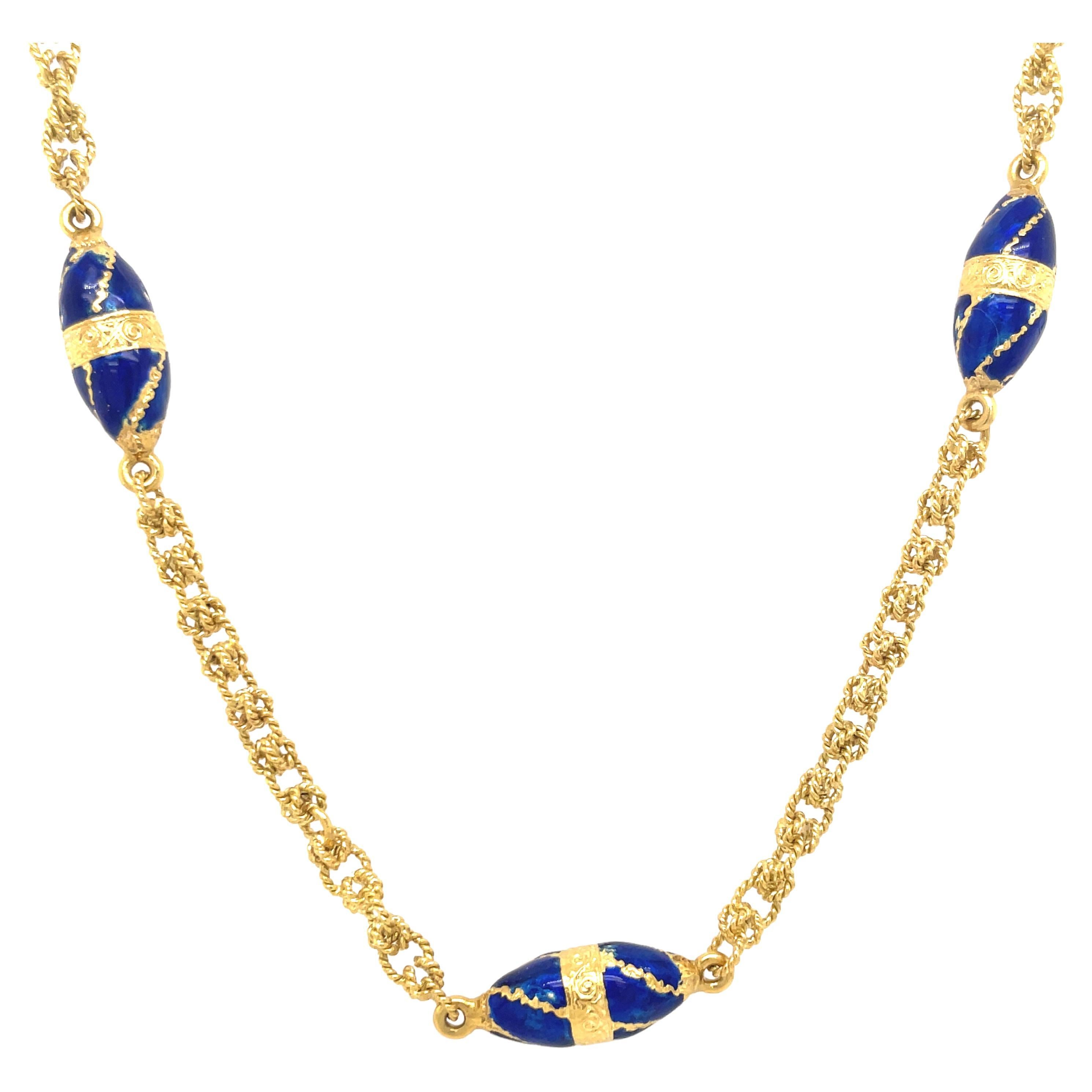 Beautiful Blue Enamel and Gold Chain For Sale