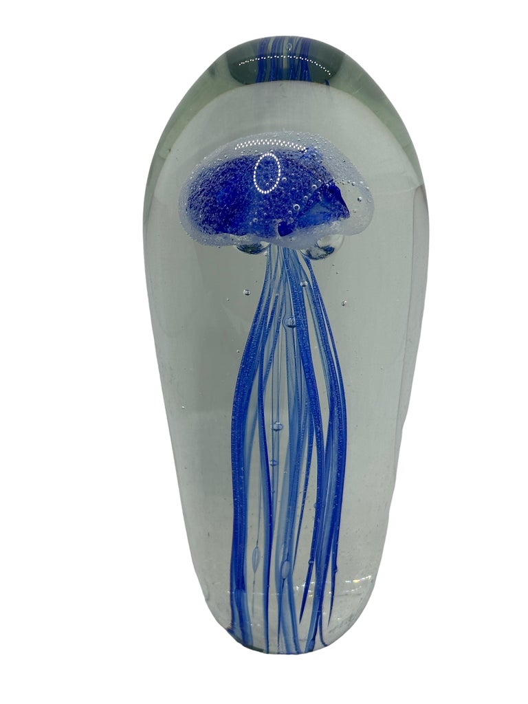 Mid-Century Modern Beautiful Blue Jelly Fish Murano Italian Art Glass Aquarium Paperweight For Sale
