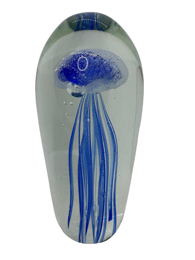 Hand-Crafted Beautiful Blue Jelly Fish Murano Italian Art Glass Aquarium Paperweight For Sale