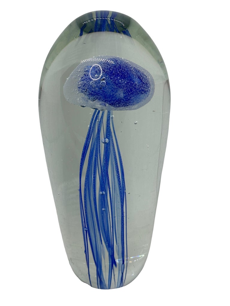Beautiful Blue Jelly Fish Murano Italian Art Glass Aquarium Paperweight For Sale 2