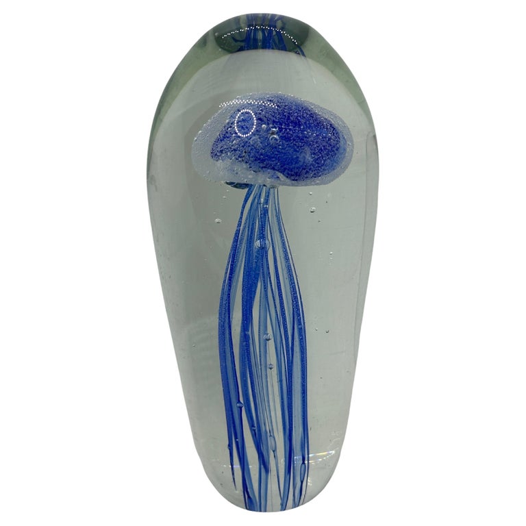 Beautiful Blue Jelly Fish Murano Italian Art Glass Aquarium Paperweight For Sale