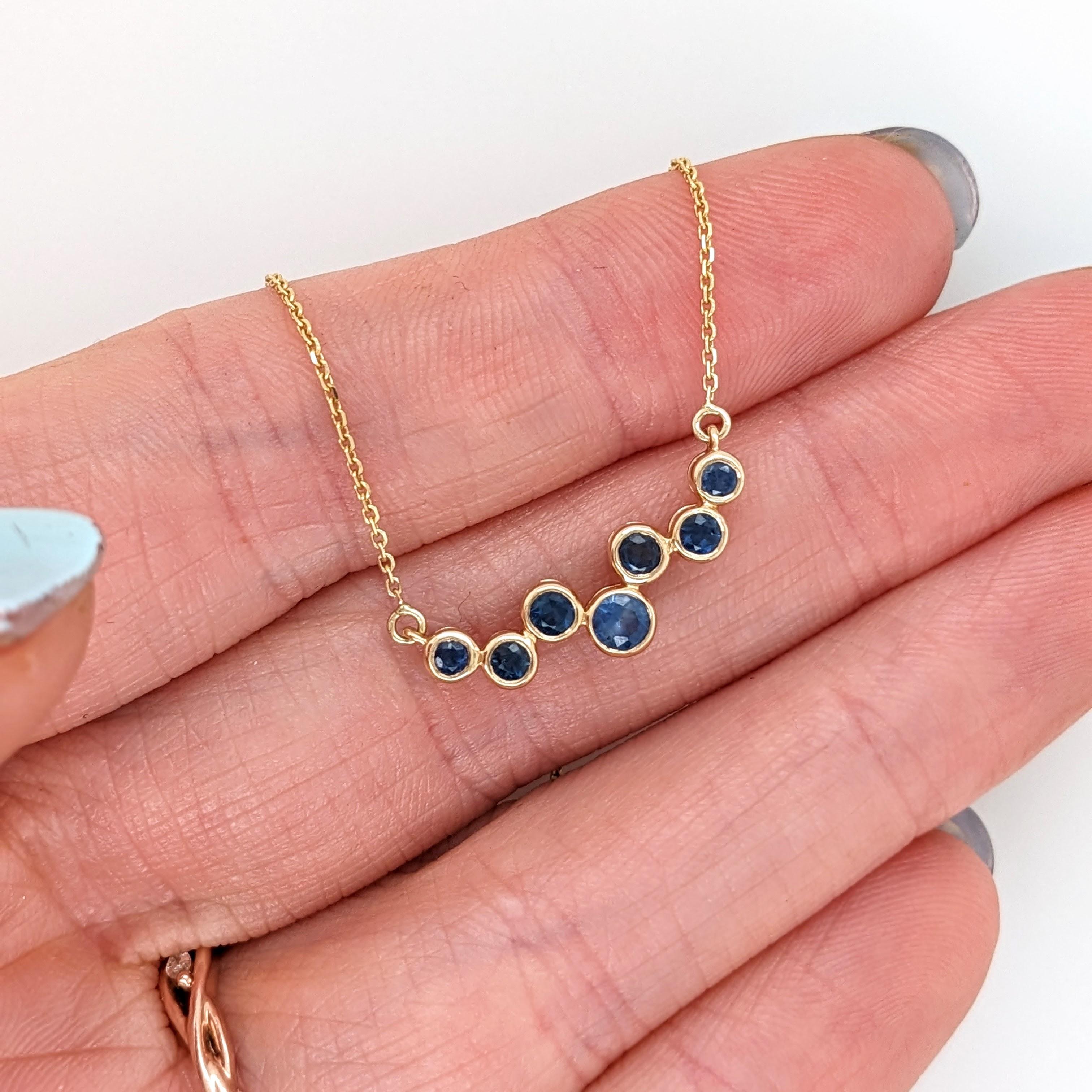 This beautiful pendant necklace features seven round sapphire gemstones of 0.68 carat weight set in solid 14K gold. This pendant necklace can be a lovely September birthstone gift for your loved ones! 

Specifications

Item Type: Necklace
Center