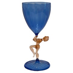 Beautiful Blue Stemware Glass, Nude Lady Stem, Bimini Art Glass Vintage Austria