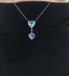 Blue Topaz Double Heart Gold Vintage Pendant Necklace Estate Fine Jewelry