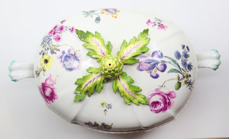 European Beautiful Bowl, Hand Painted Flowers with Artichoke Finial Meissen, 19th Century For Sale