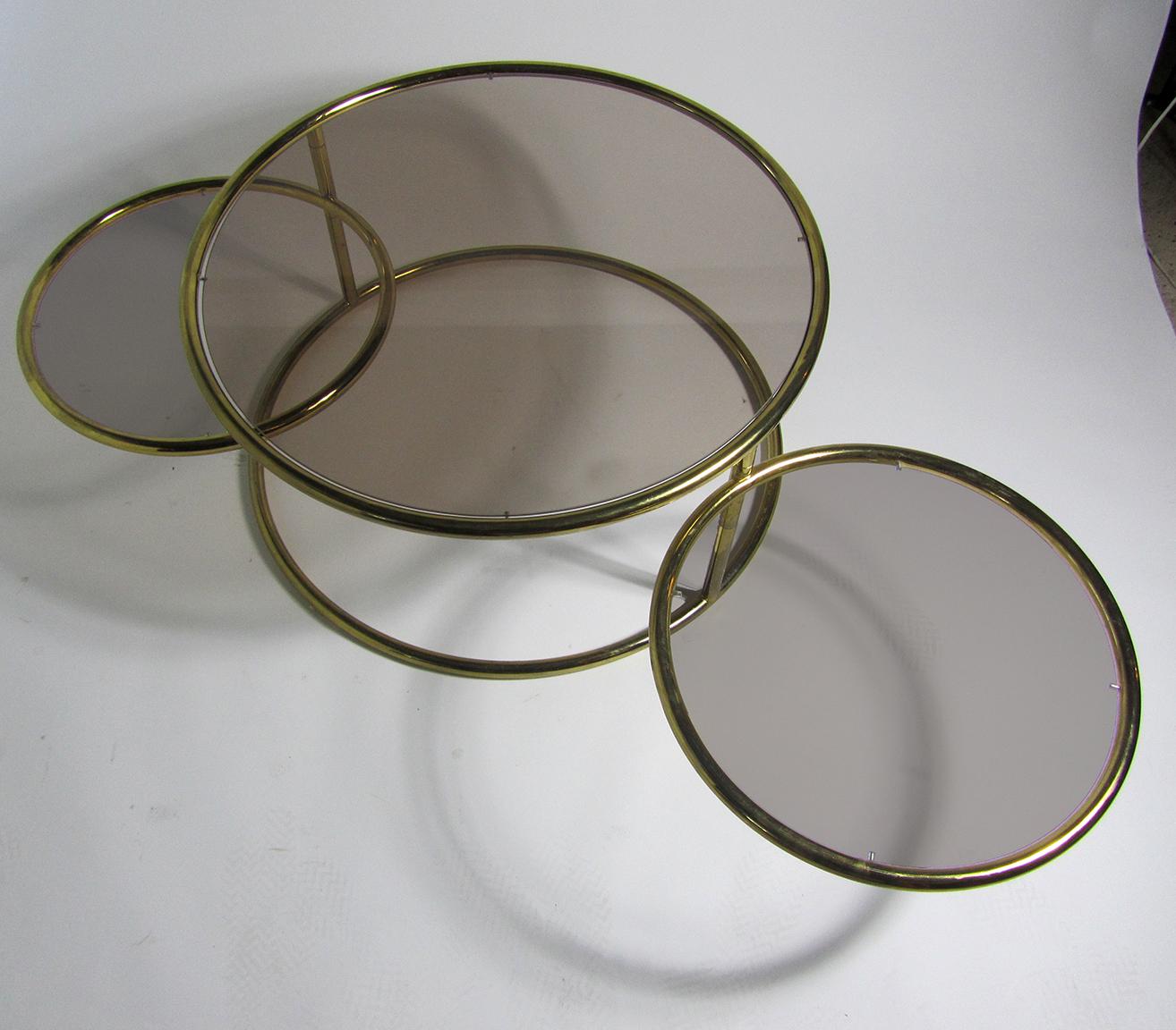North American American Modern Brass and Smoked Glass 3 Ring Coffee Table by Milo Baughman