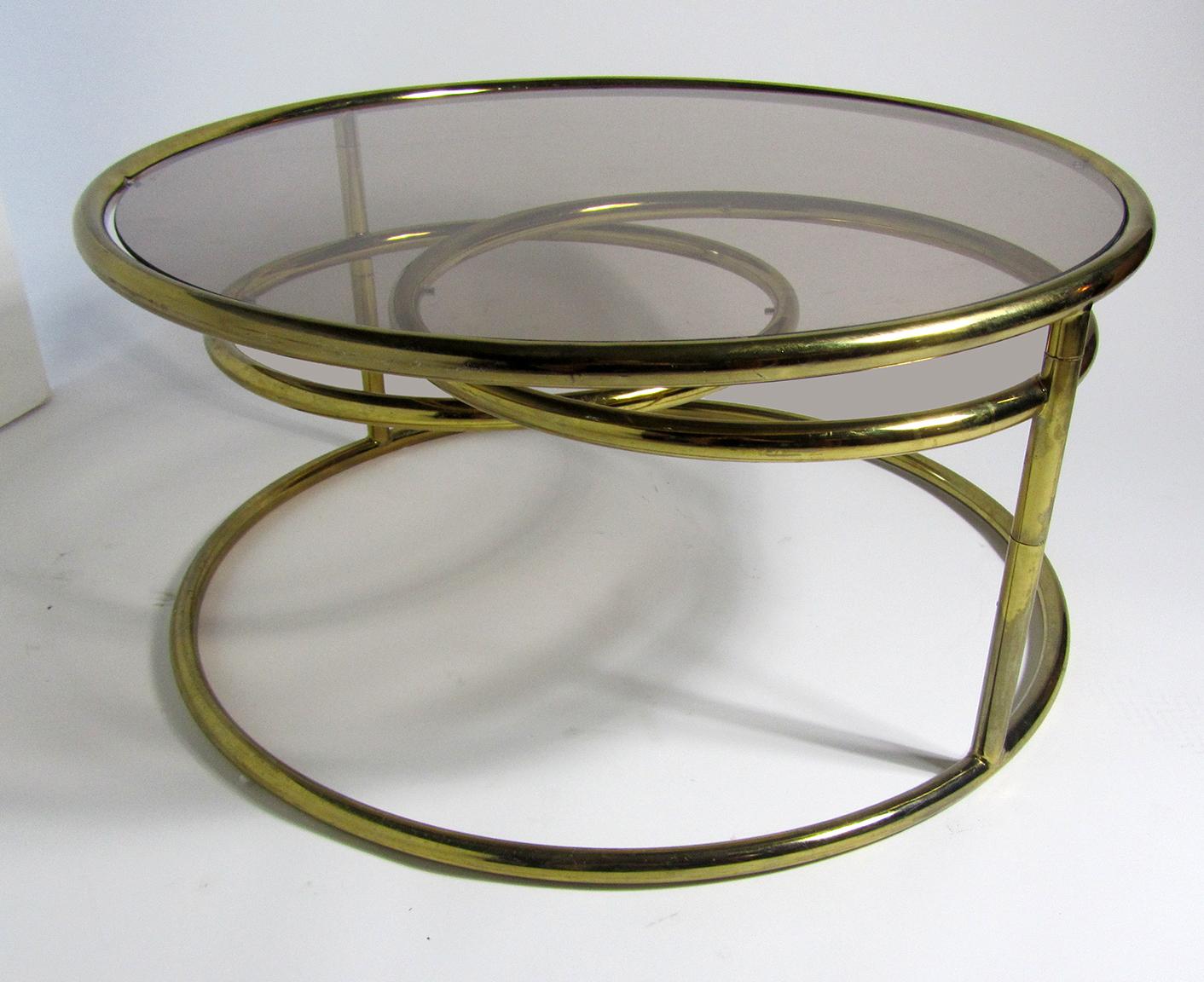 American Modern Brass and Smoked Glass 3 Ring Coffee Table by Milo Baughman In Good Condition In Hollywood, FL