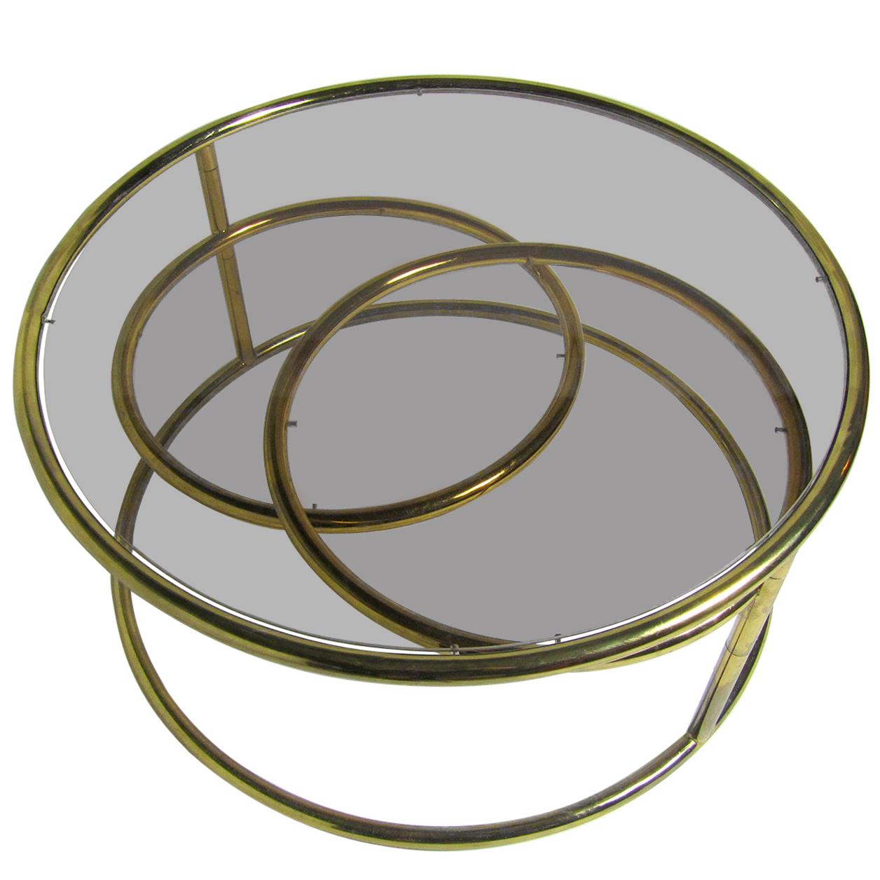 American Modern Brass and Smoked Glass 3 Ring Coffee Table by Milo Baughman
