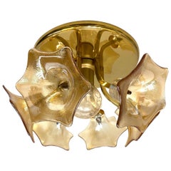 Beautiful Brass and Murano Glass Flower Flush Mount Light, Italy, 1980s