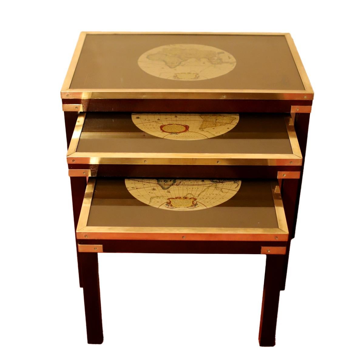 British Beautiful Brass Bound Military Campaign Nesting Tables For Sale