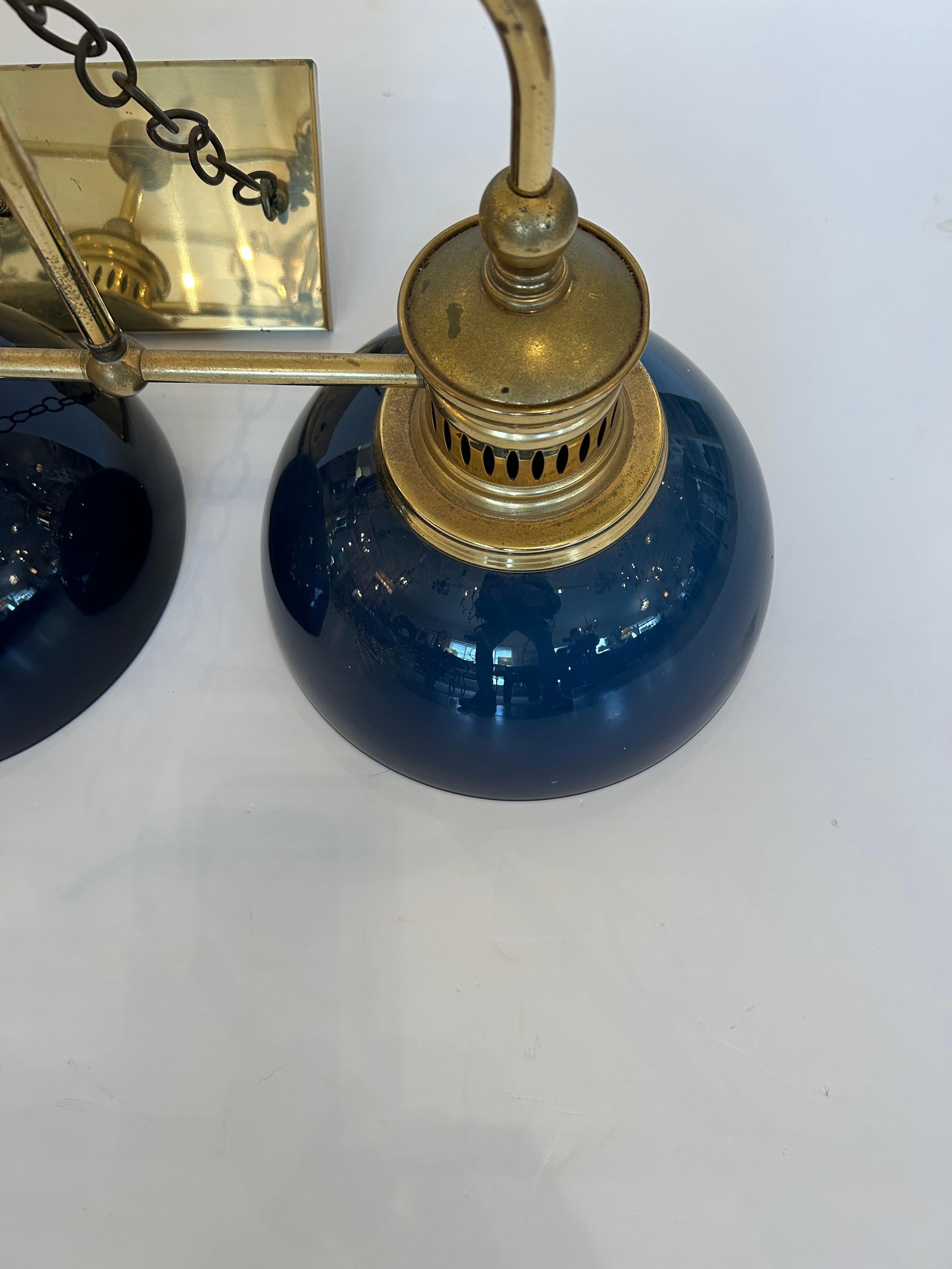 Beautiful Brass & Midnight Blue Glass 3 Light Island Chandelier For Sale 7