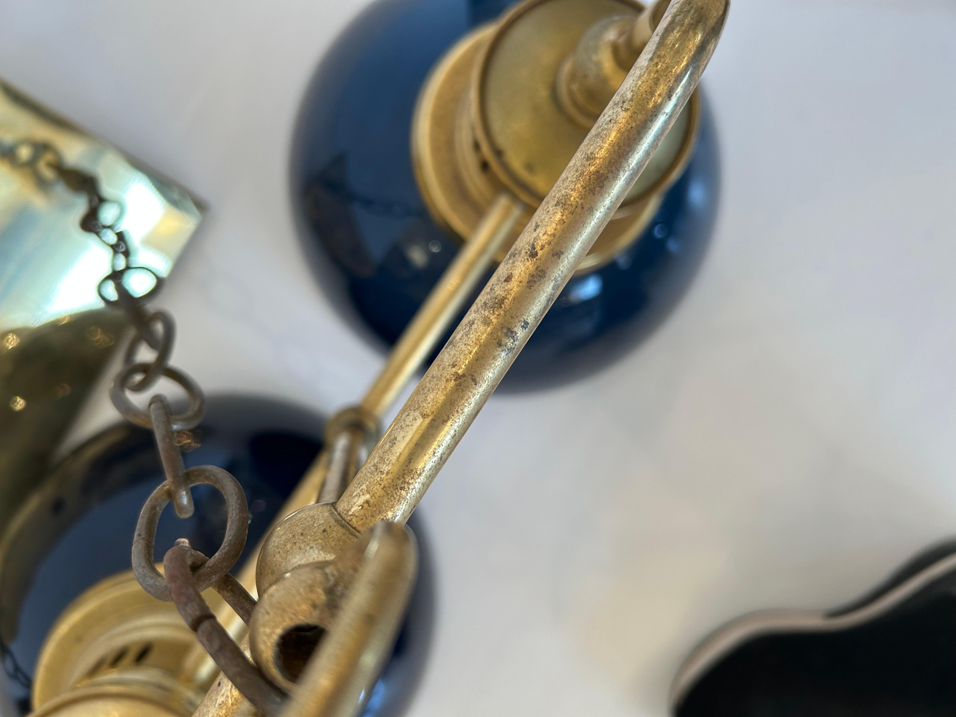 Beautiful Brass & Midnight Blue Glass 3 Light Island Chandelier For Sale 8