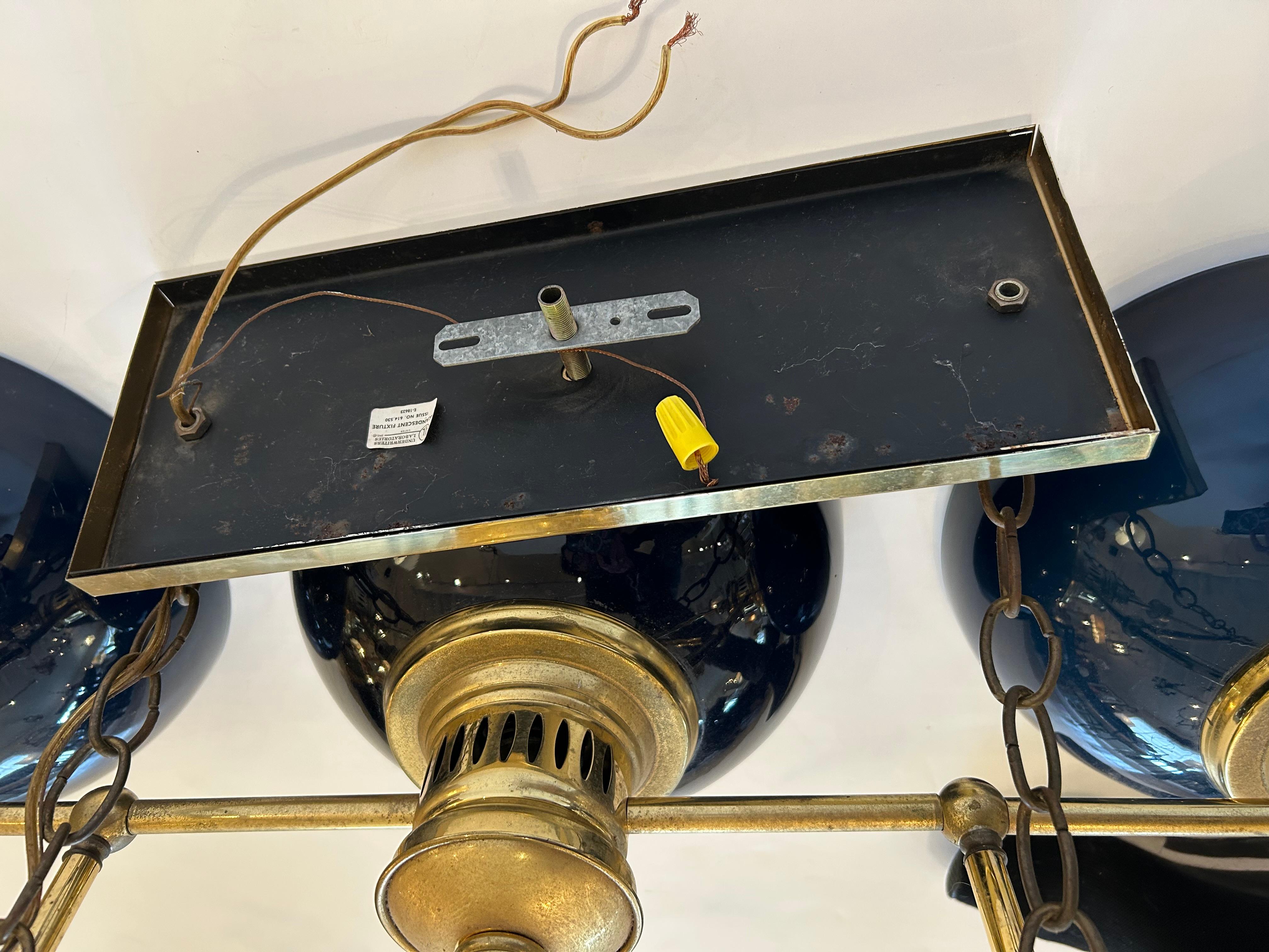 Beautiful Brass & Midnight Blue Glass 3 Light Island Chandelier For Sale 9