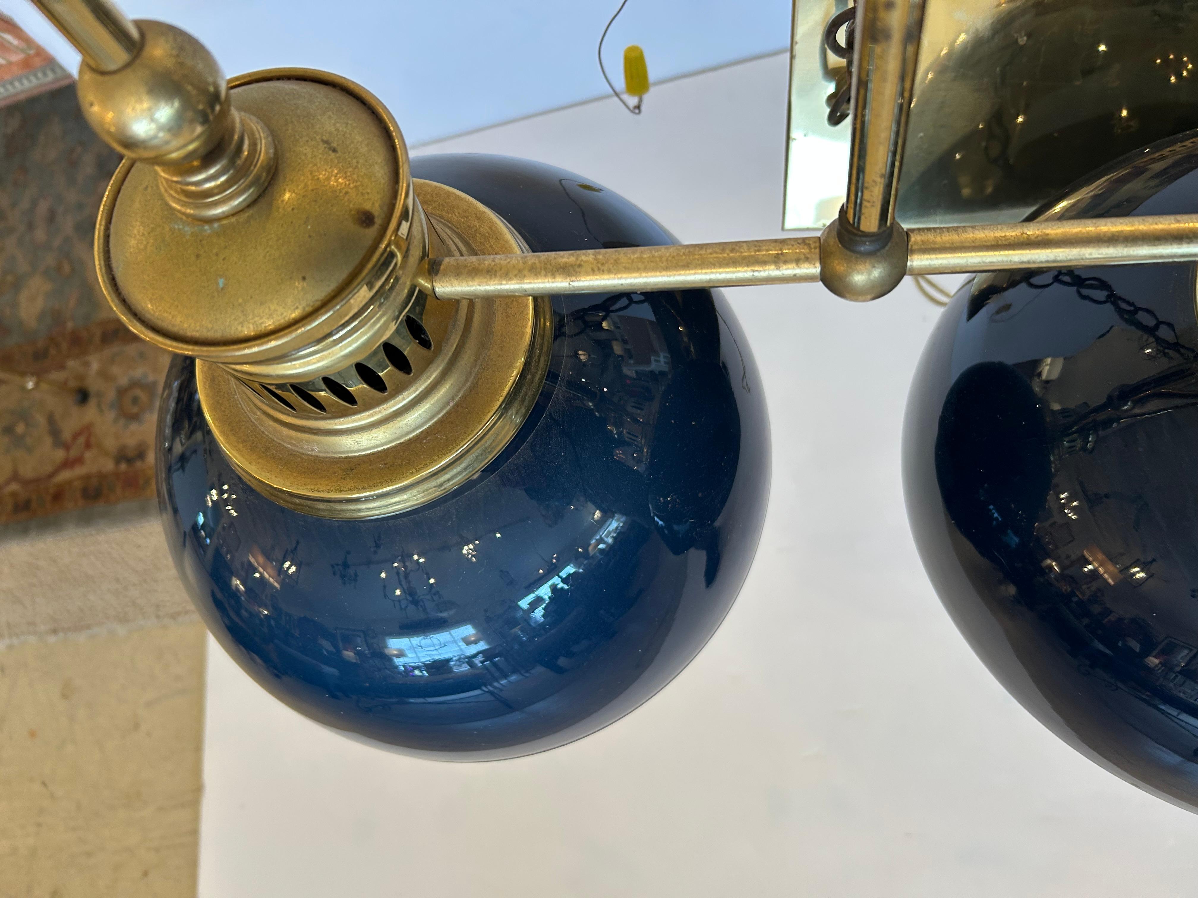 Beautiful Brass & Midnight Blue Glass 3 Light Island Chandelier For Sale 11