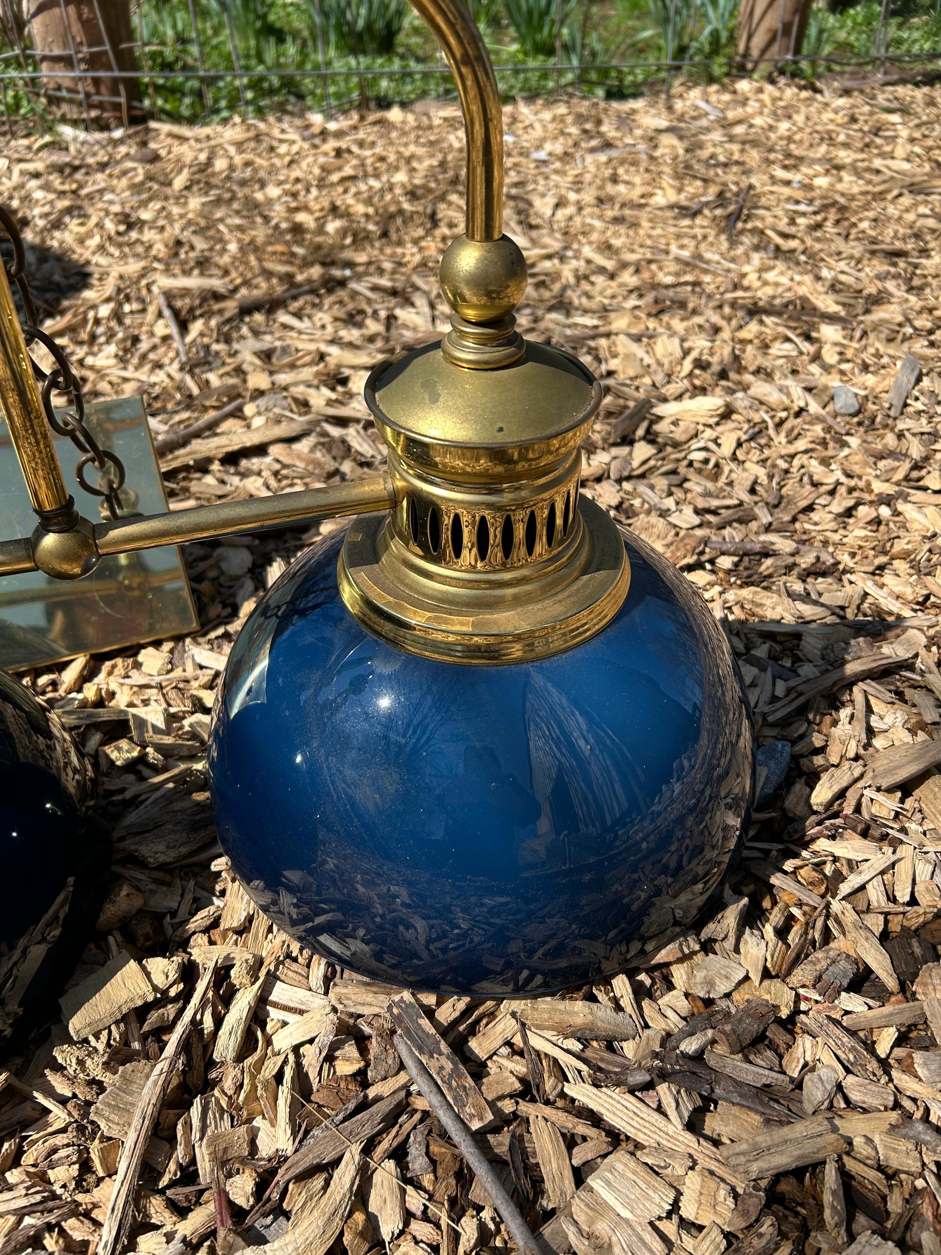 Beautiful Brass & Midnight Blue Glass 3 Light Island Chandelier In Good Condition For Sale In Hopewell, NJ