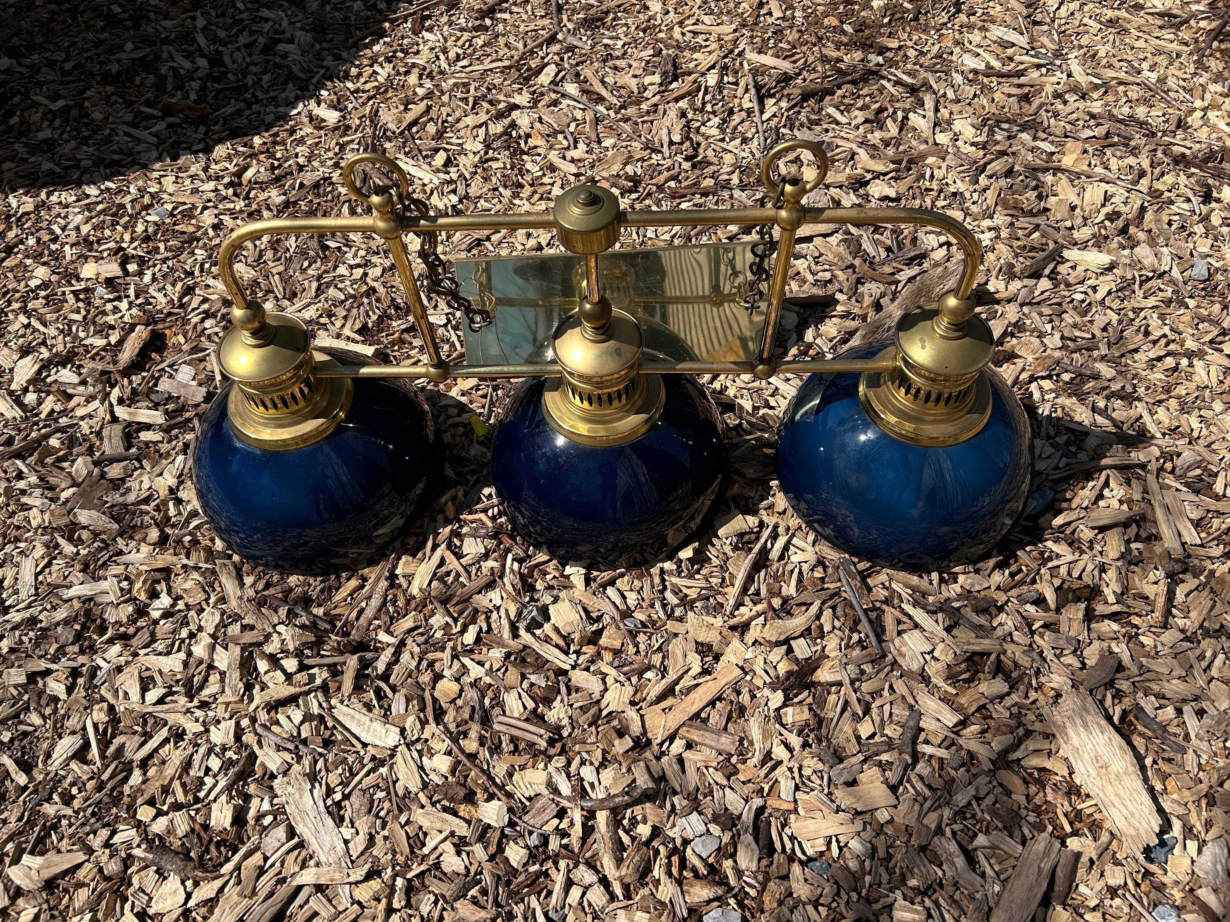 Beautiful Brass & Midnight Blue Glass 3 Light Island Chandelier For Sale 2