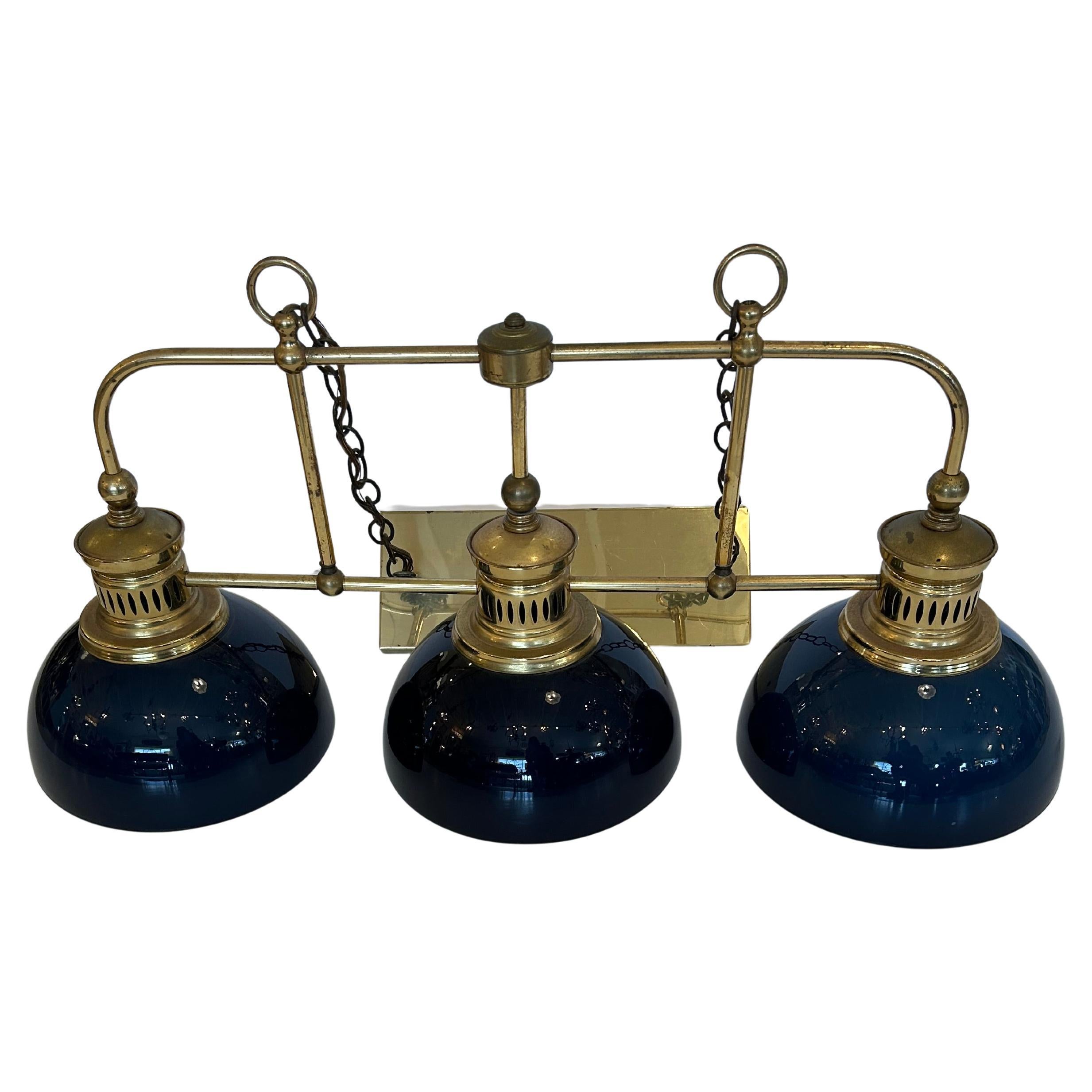 Beautiful Brass & Midnight Blue Glass 3 Light Island Chandelier For Sale