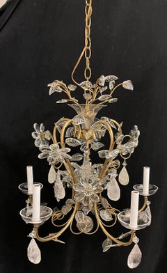 Beautiful Bronze Baguès Jansen Rock Crystal Leaf Basket Form Chandelier Fixture