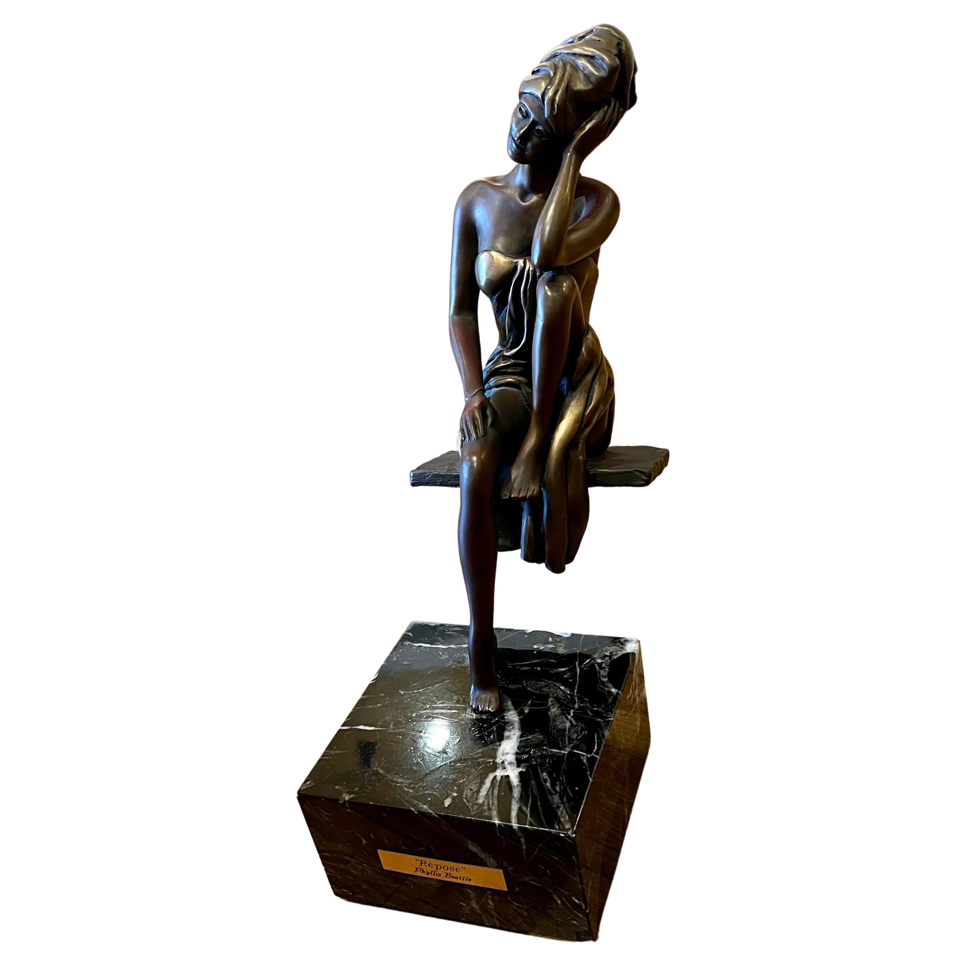 Beautiful Bronze & Marble Sculpture by Phyllis Beattie "Repose" For Sale