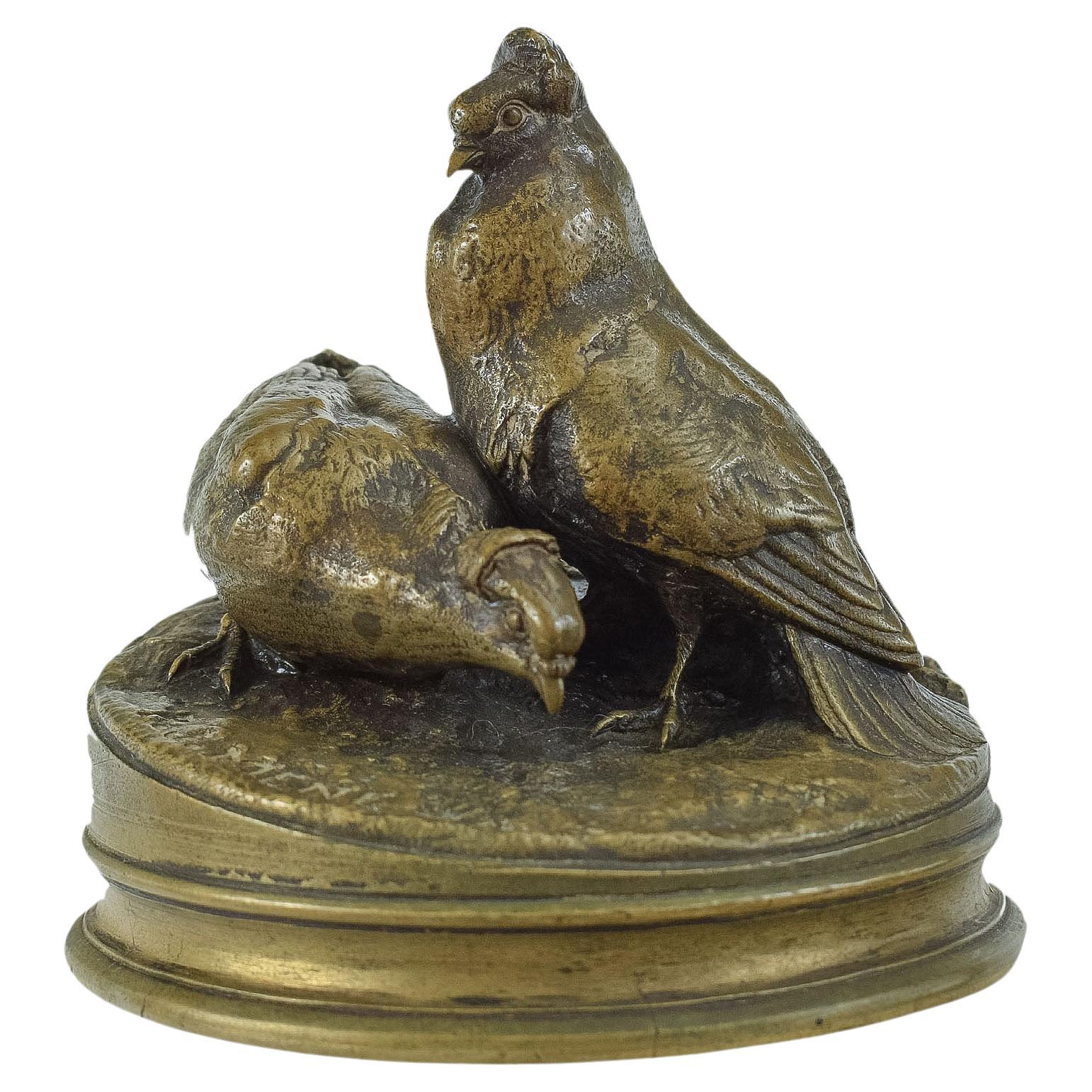 Beautiful BRONZE OF COCK & HEN PIGEONS signed Pierre-Jules Mêne (1810 – 1879)