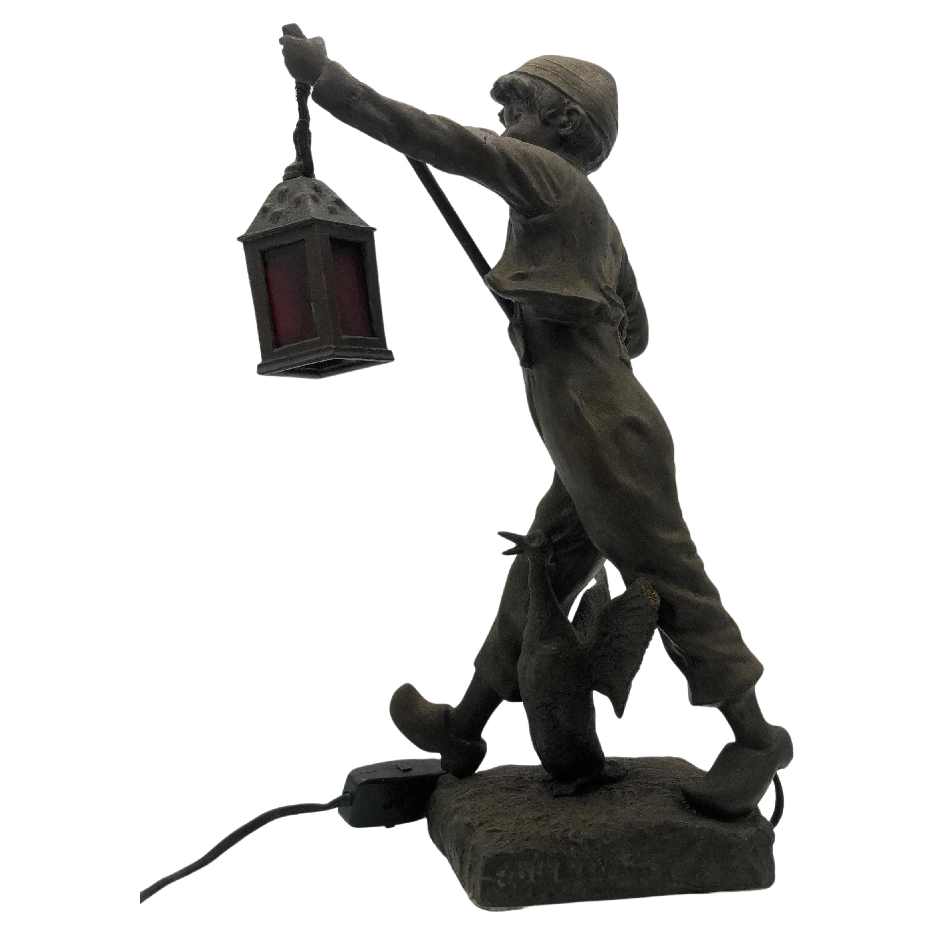 beautiful bronze optic night lamp boy with a goose Paris For Sale 2