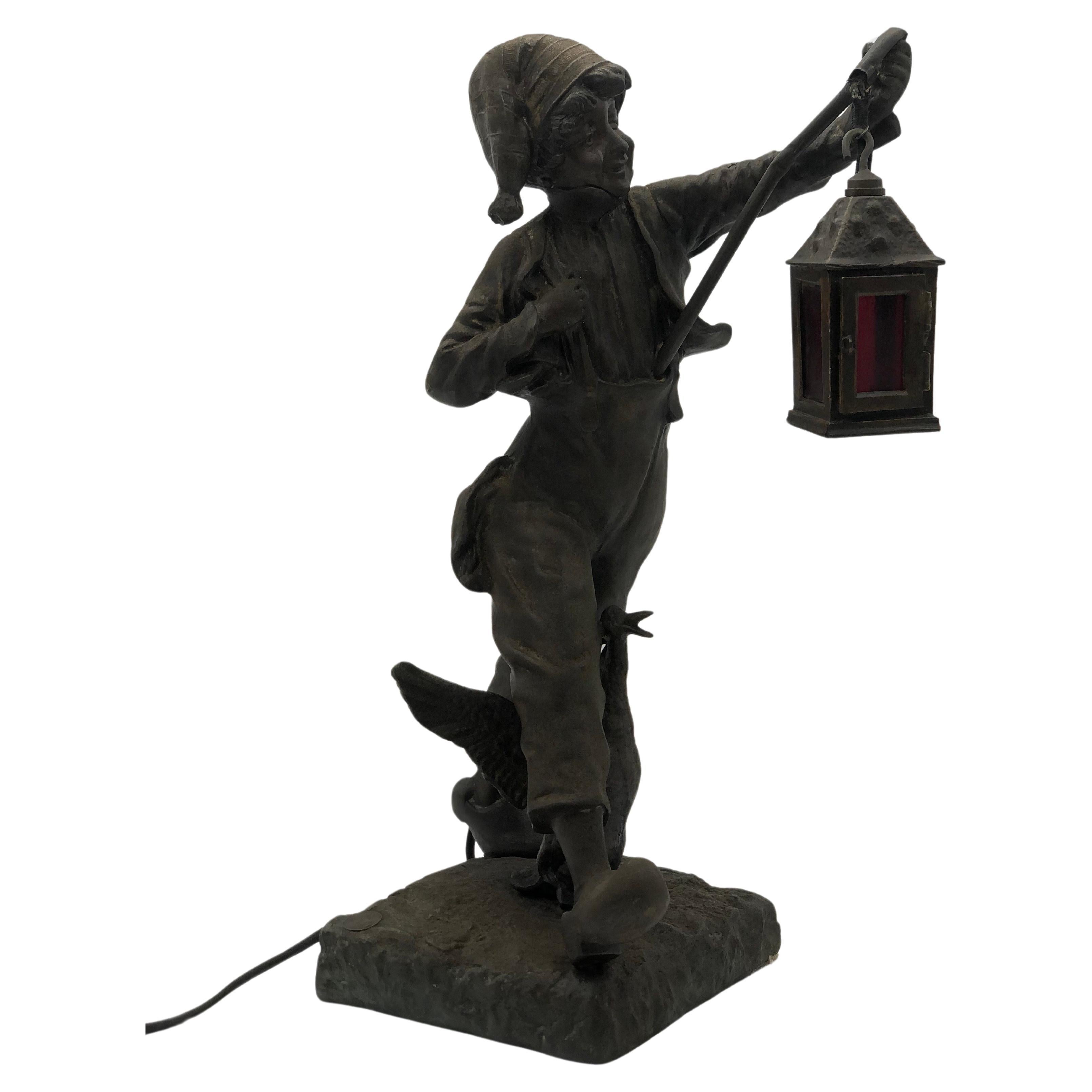 beautiful bronze optic night lamp boy with a goose Paris For Sale