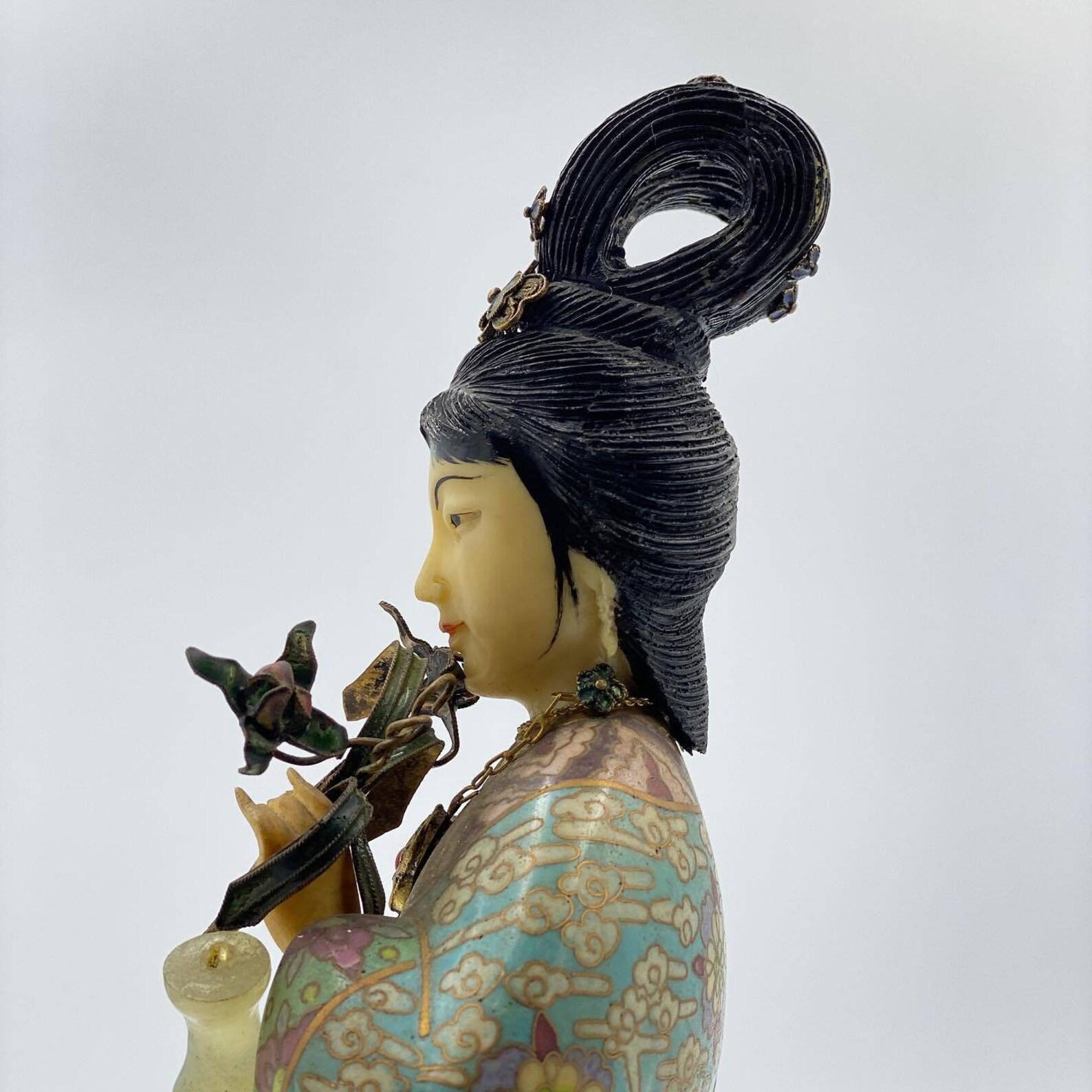 Cloissoné Beautiful Bronze Statuette Of Geisha  Unique Cloisonne Figurine, Vintage 