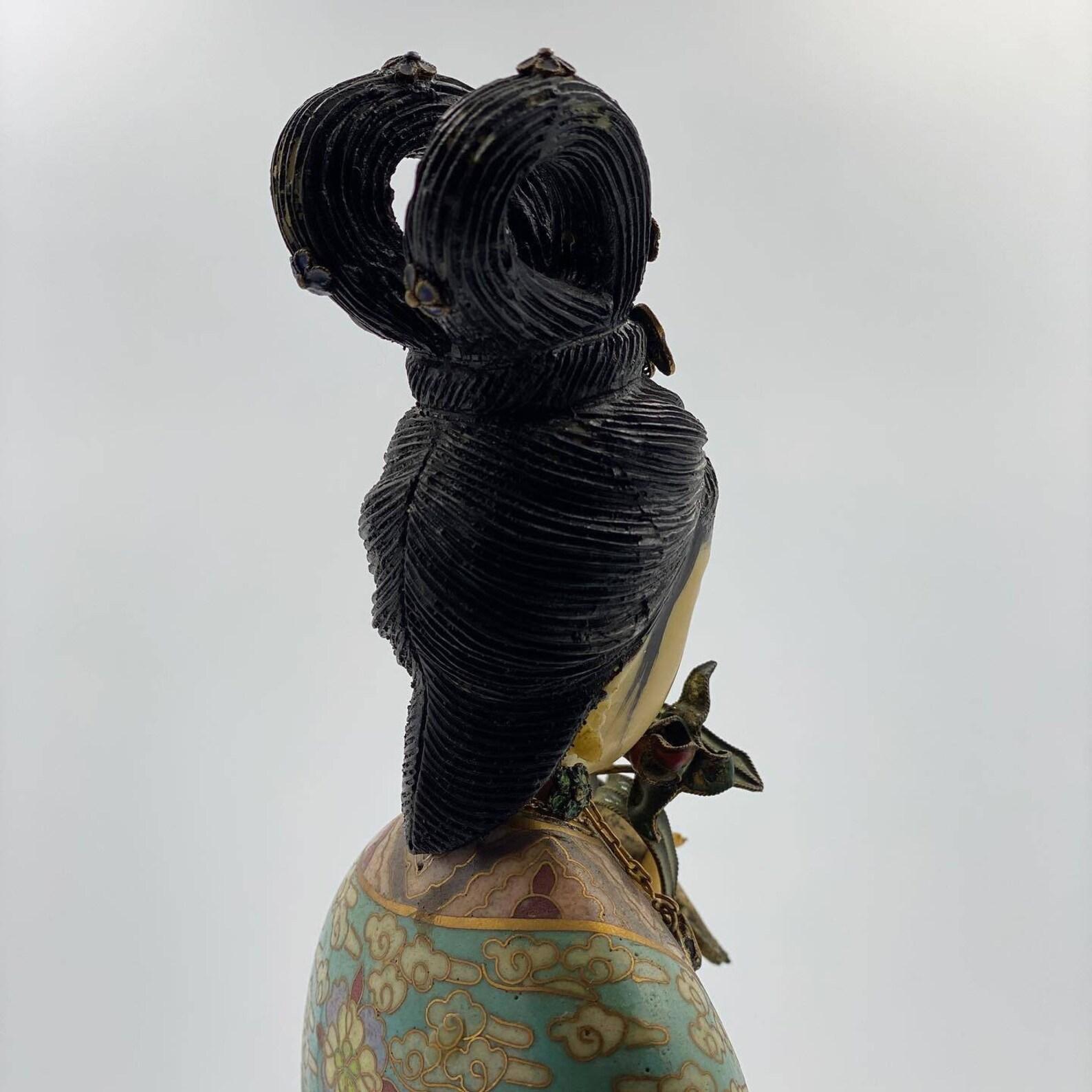 20th Century Beautiful Bronze Statuette Of Geisha  Unique Cloisonne Figurine, Vintage 