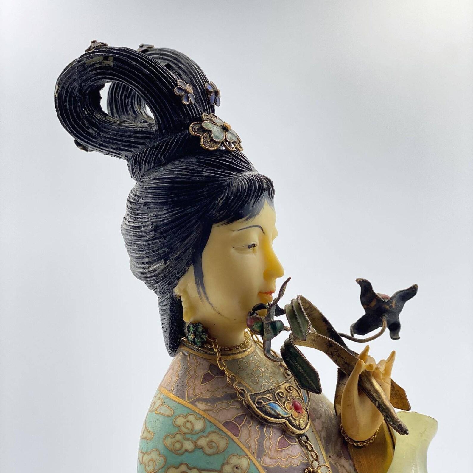 Beautiful Bronze Statuette Of Geisha  Unique Cloisonne Figurine, Vintage  1