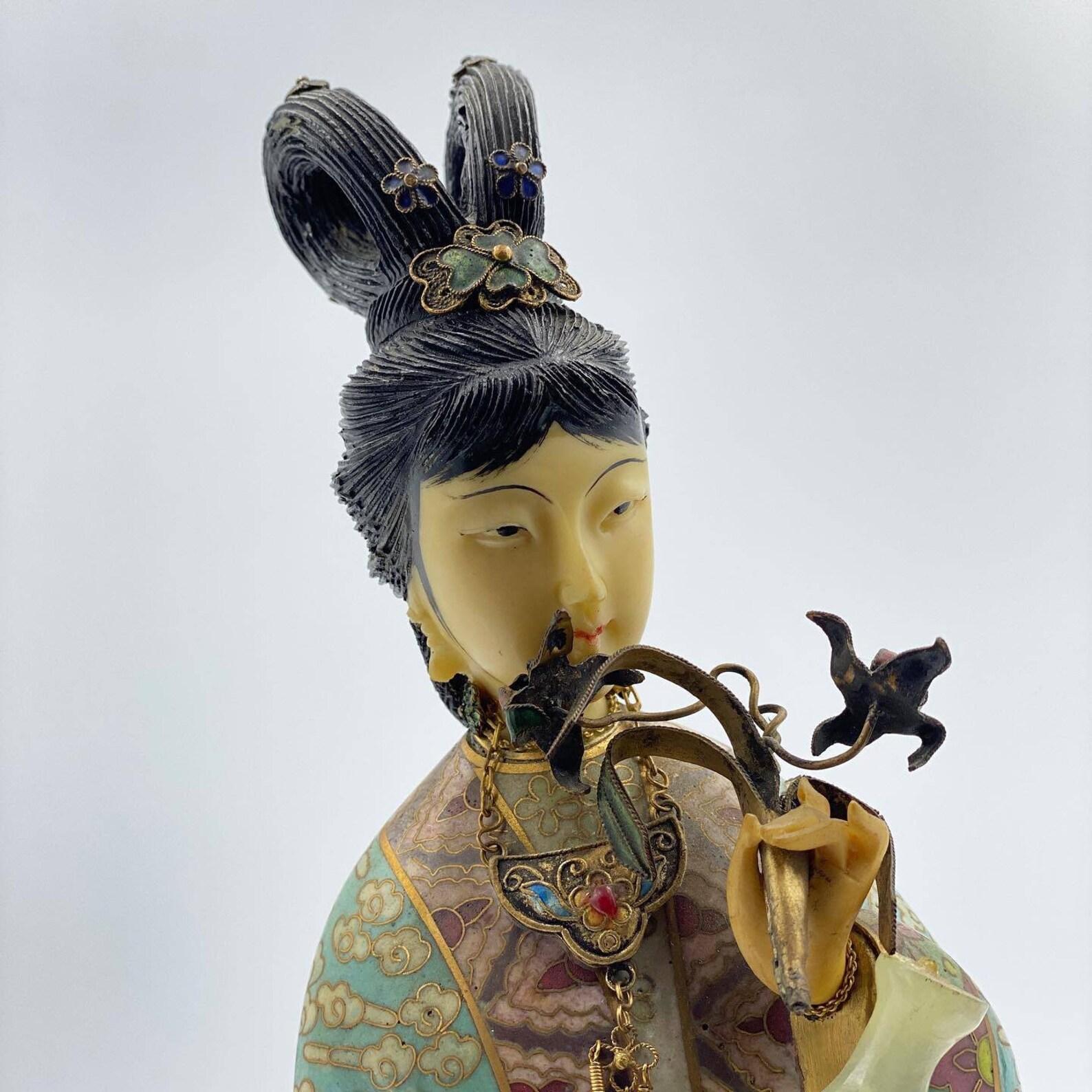 Beautiful Bronze Statuette Of Geisha  Unique Cloisonne Figurine, Vintage  2