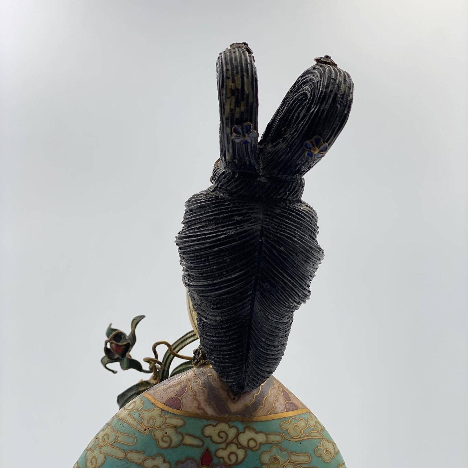 Beautiful Bronze Statuette Of Geisha  Unique Cloisonne Figurine, Vintage  3