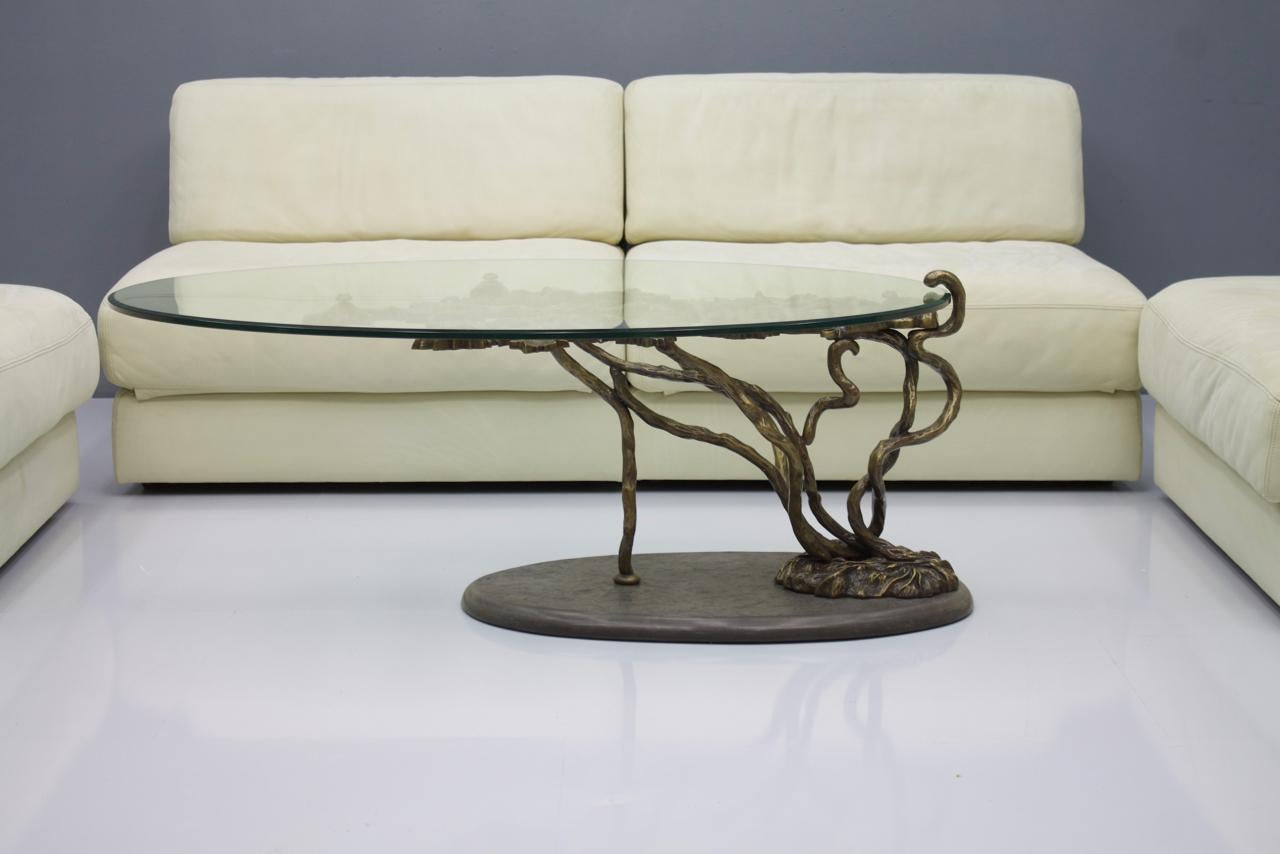 Beautiful Bronze Tree Form Sofa Table with Slate Base and Glass Top, 1960s 7