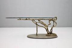 Beautiful Bronze Tree Form Sofa Table with Slate Base and Glass Top, 1960s