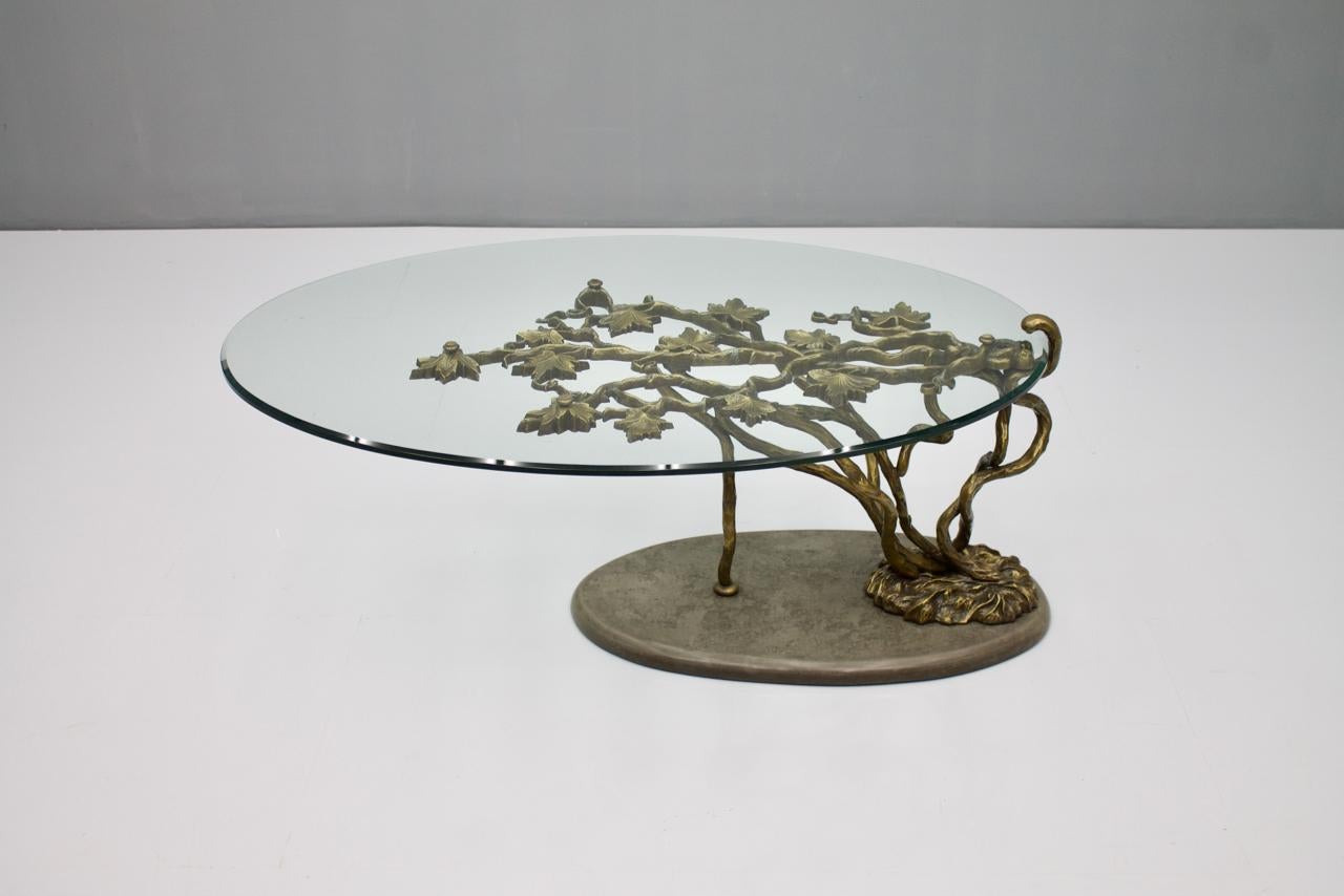 Hollywood Regency Beautiful Bronze Tree Form Sofa Table with Slate Base and Glass Top, 1960s