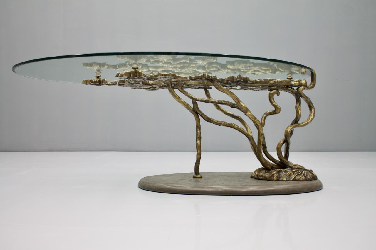 French Beautiful Bronze Tree Form Sofa Table with Slate Base and Glass Top, 1960s