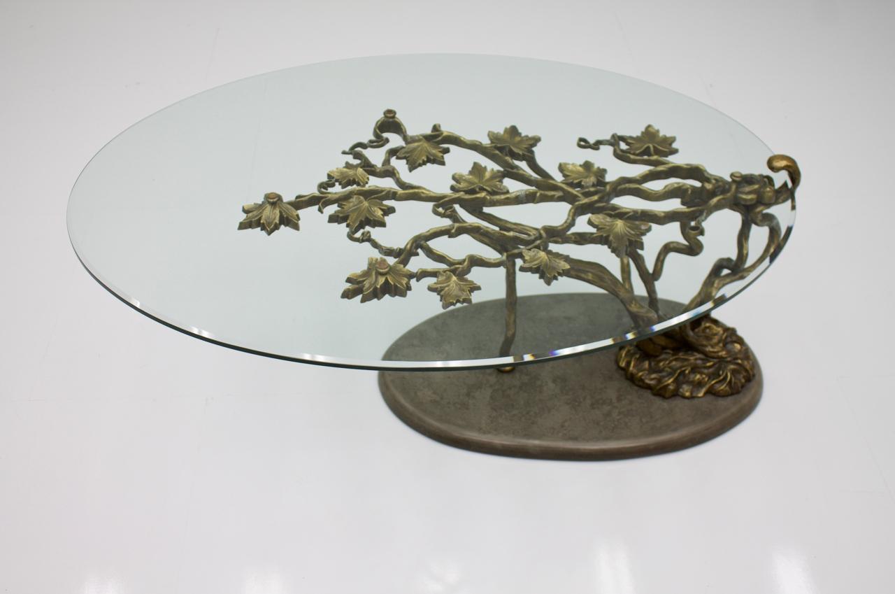 Beautiful Bronze Tree Form Sofa Table with Slate Base and Glass Top, 1960s 1