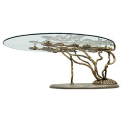 Beautiful Bronze Tree Form Sofa Table with Slate Base and Glass Top, 1960s