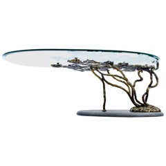Beautiful Bronze Tree Form Sofa Table with Slate Base and Glass Top, 1960s