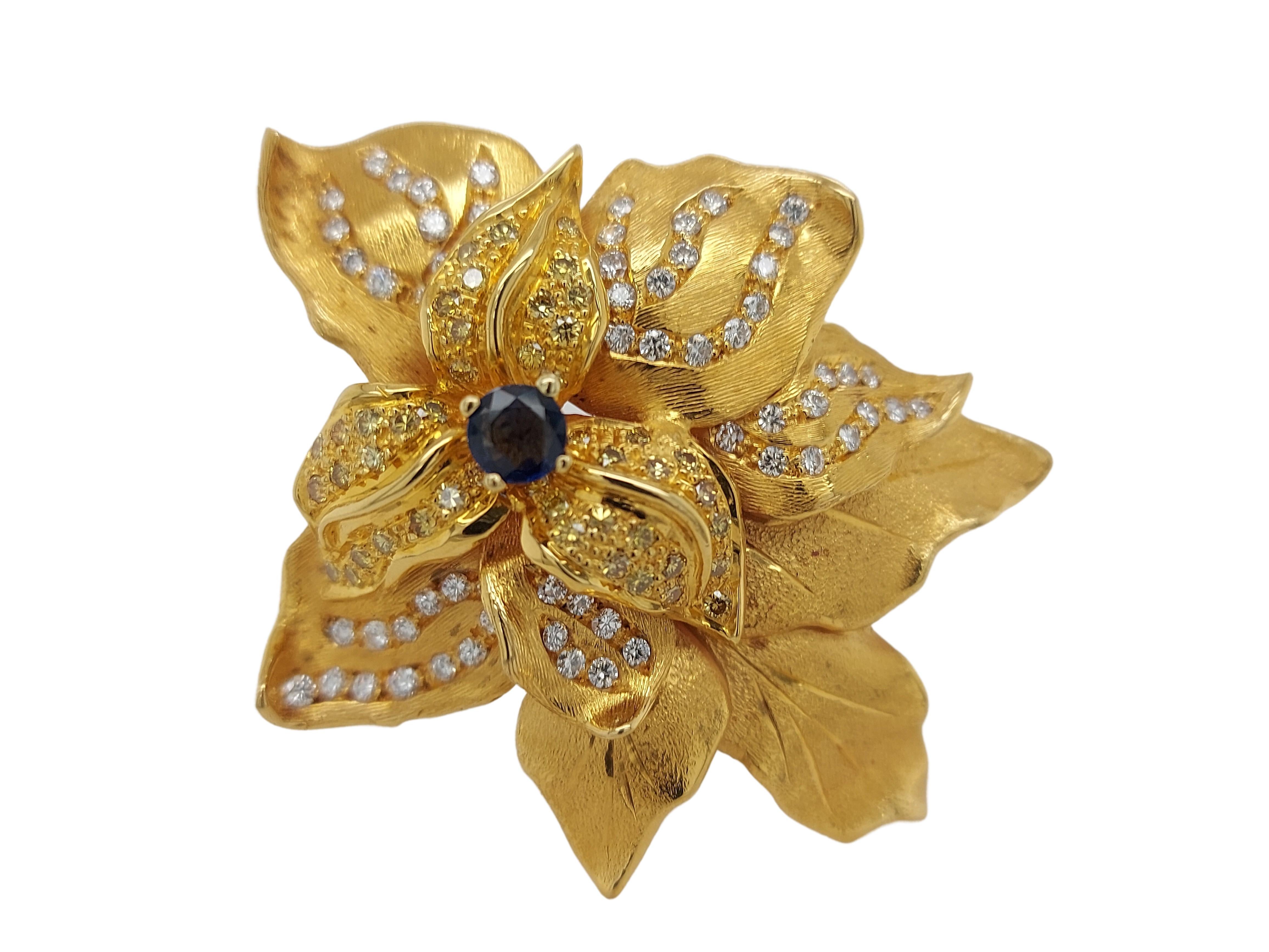 Beautiful Brooch With Intense Fancy Yellow & White Diamonds & One Central Sapphire 

Diamonds: 60 white diamonds & 45 intense yellow diamonds

Material: 18kt Yellow gold

Measurements: 50 mm x 42.5 mm

Total weight: 32.2 gram / 1.135 oz / 20.7 dwt


