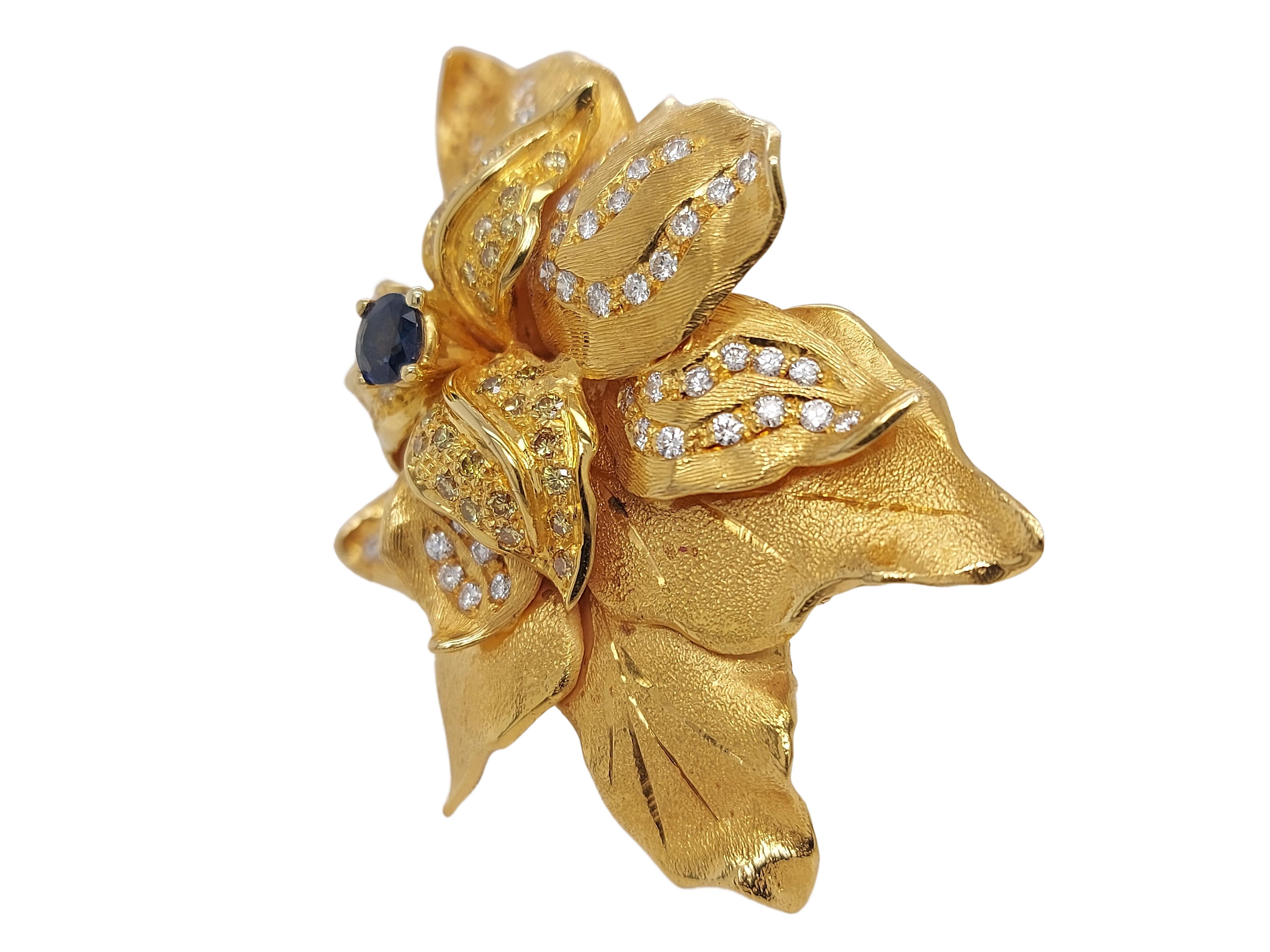 Artisan Beautiful Brooch with Fancy Yelmlow & White Diamonds & One Central Sapphire For Sale