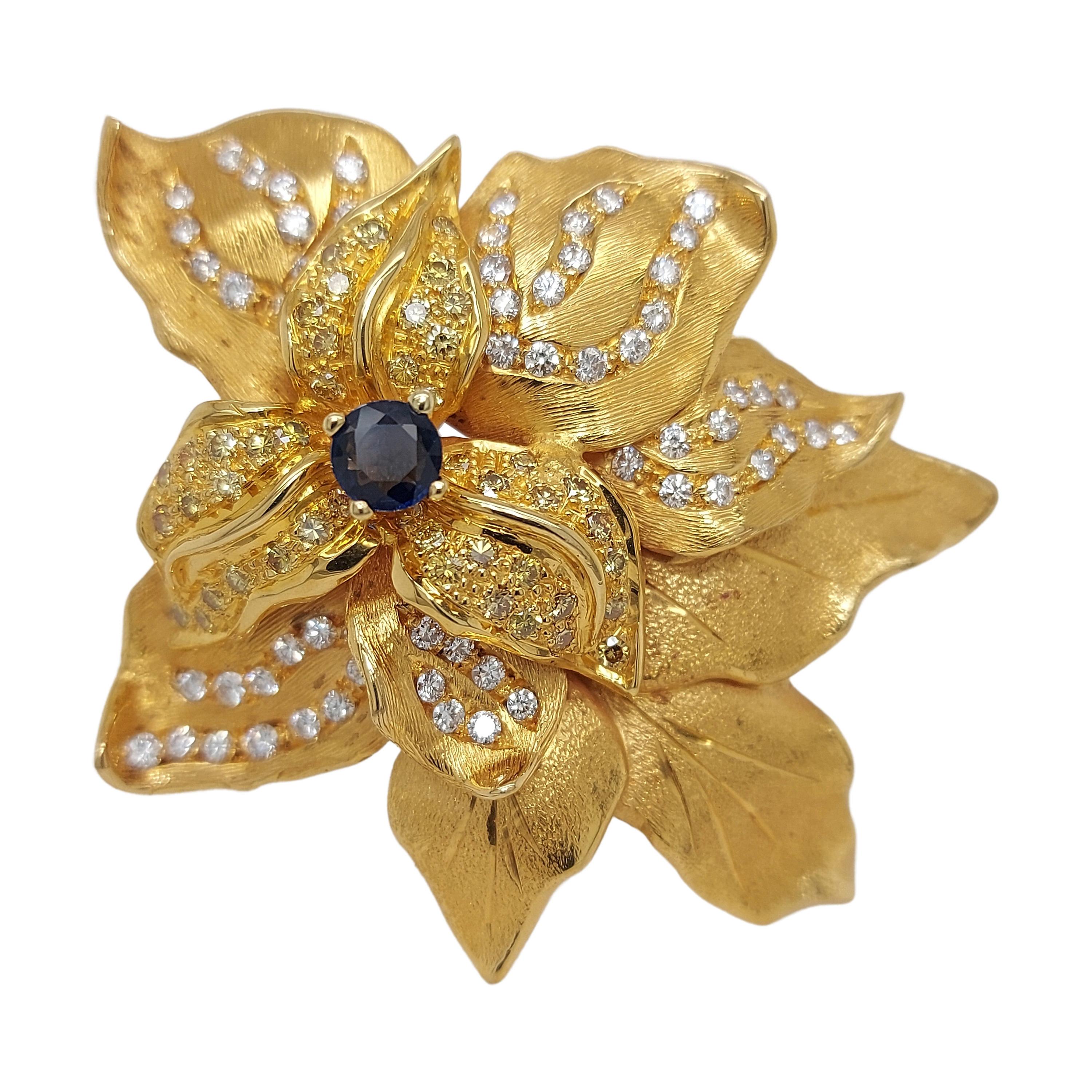 Beautiful Brooch with Fancy Yelmlow & White Diamonds & One Central Sapphire For Sale