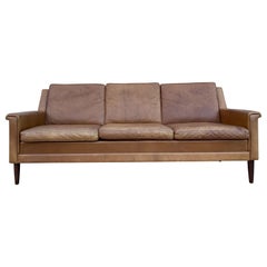 Beautiful Brown Leather Low Danish Modern Couch Sofa Rosewood Legs