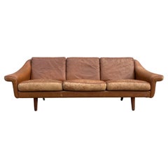 Vintage Beautiful Brown Leather Low Danish Modern Couch Sofa tapered Legs