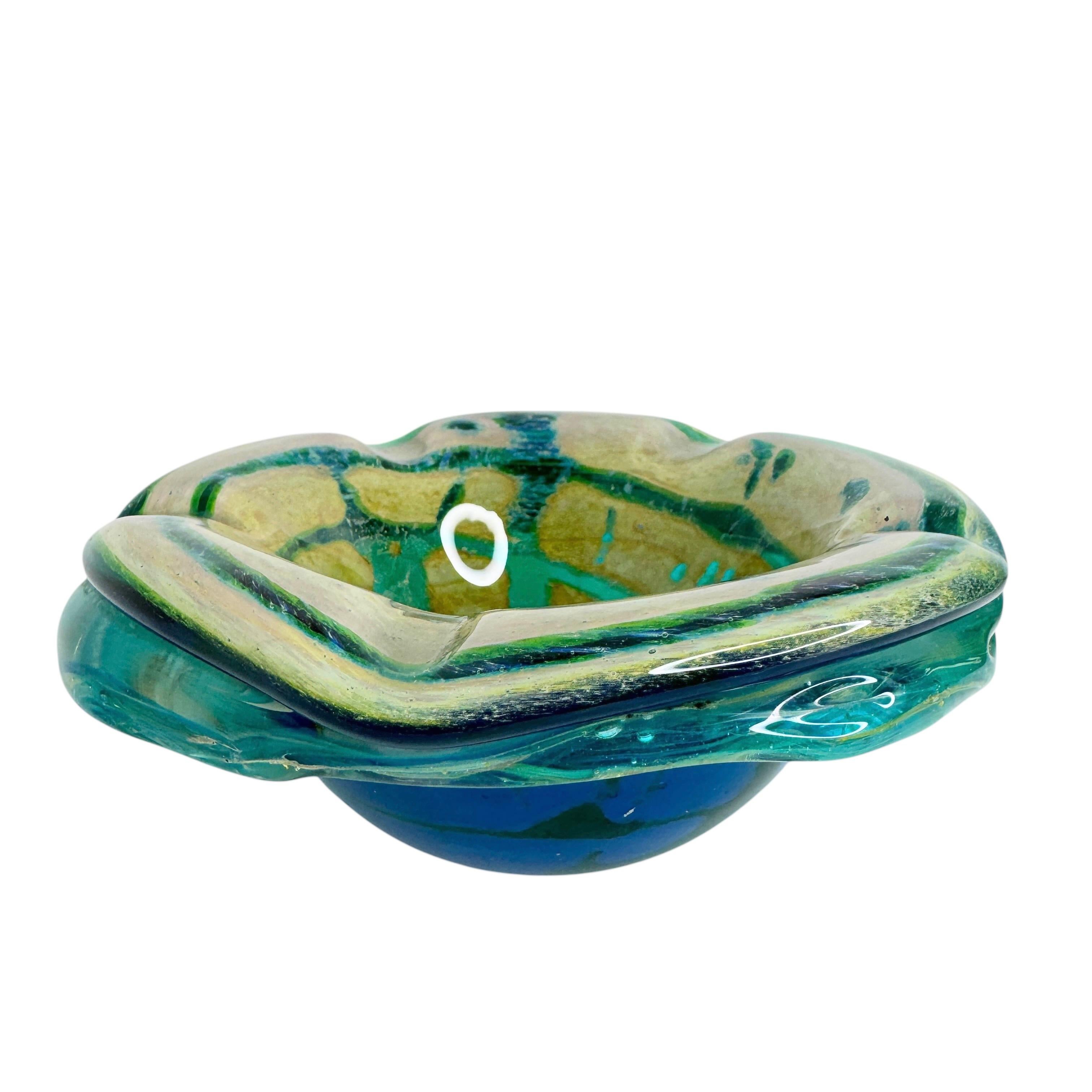 Gorgeous large heavy hand blown Murano art glass piece. A beautiful brutalist and organic ashtray, Venice, Murano, Italy, 1970s. Colors are Turquoise, blue and green, with air bubbles inside. Found at an estate sale in Verona, Italy. Nice addition