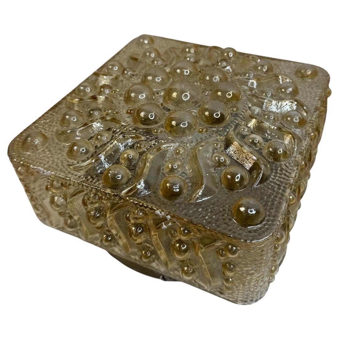 Metal Beautiful Bubble Pattern Limburg Amber Glass Flush Mount Ceiling Light, 1960s For Sale