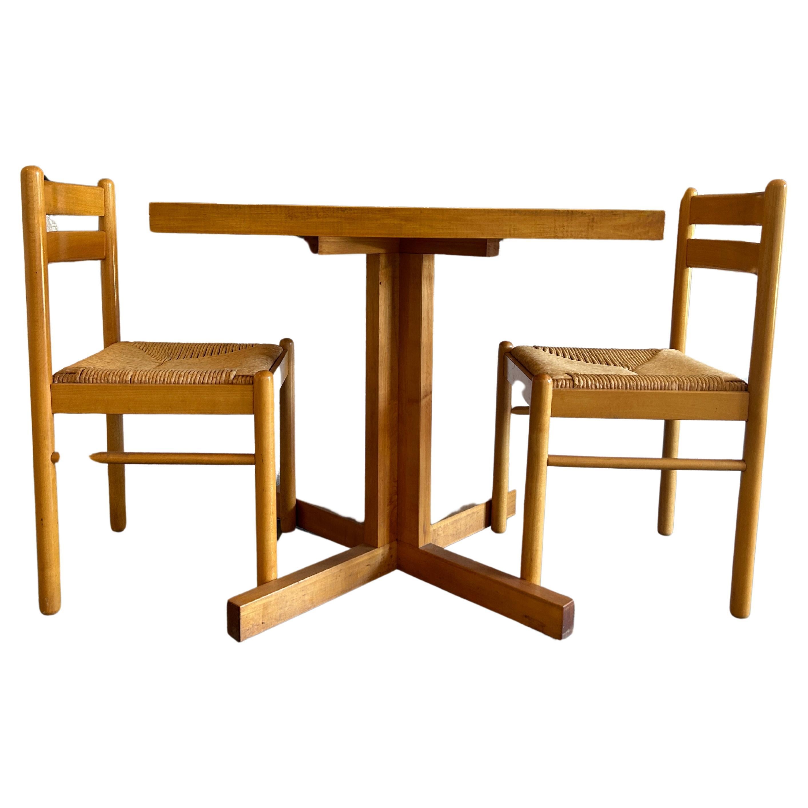 Beautiful butcher block dinette table set with pair of Birch Rush chairs Italy  For Sale